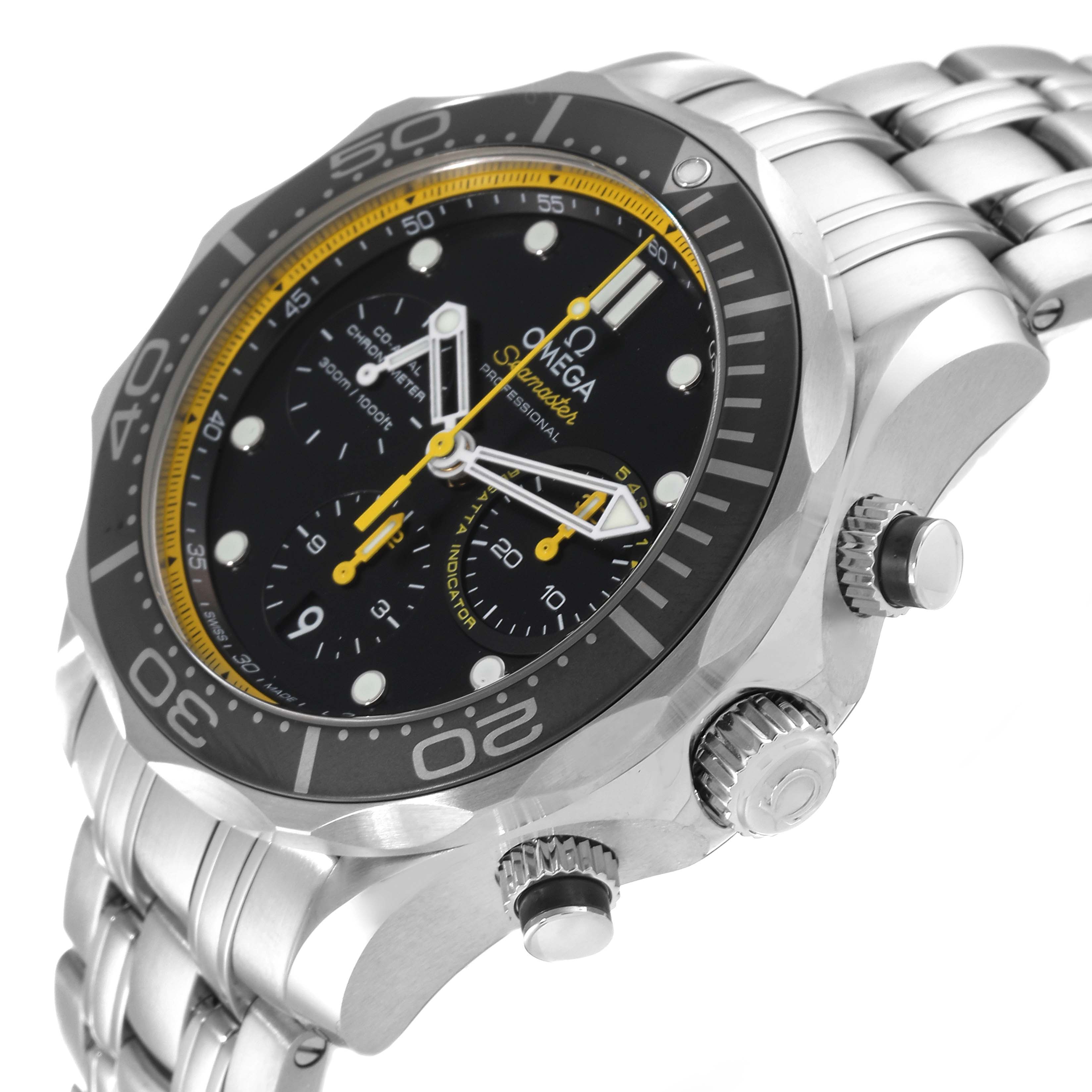 The image shows a close-up side angle of an Omega Seamaster 212.30.44.50.01.002 Men's Stainless Steel Black Dial 212.30.44.50.01.002 Men's Stainless Steel Black Dial watch, highlighting the bezel, crowns, and bracelet.