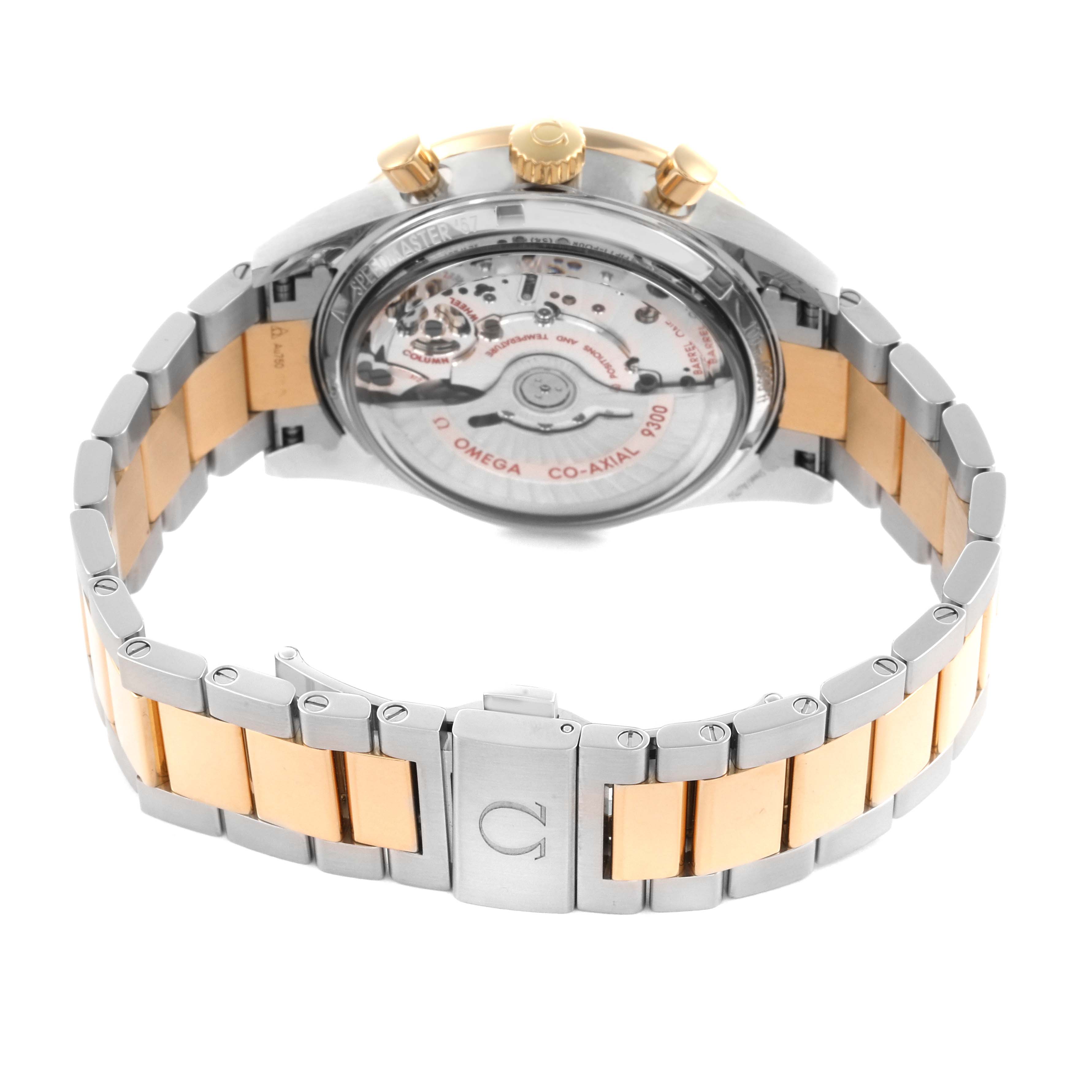 The Omega Seamaster 331.20.42.51.02.001 Men's Steel and Gold (two tone) Silver Dial 331.20.42.51.02.001 Men's Steel and Gold (two tone) Silver Dial watch is shown from the back angle, displaying its transparent case back and two-tone bracelet.