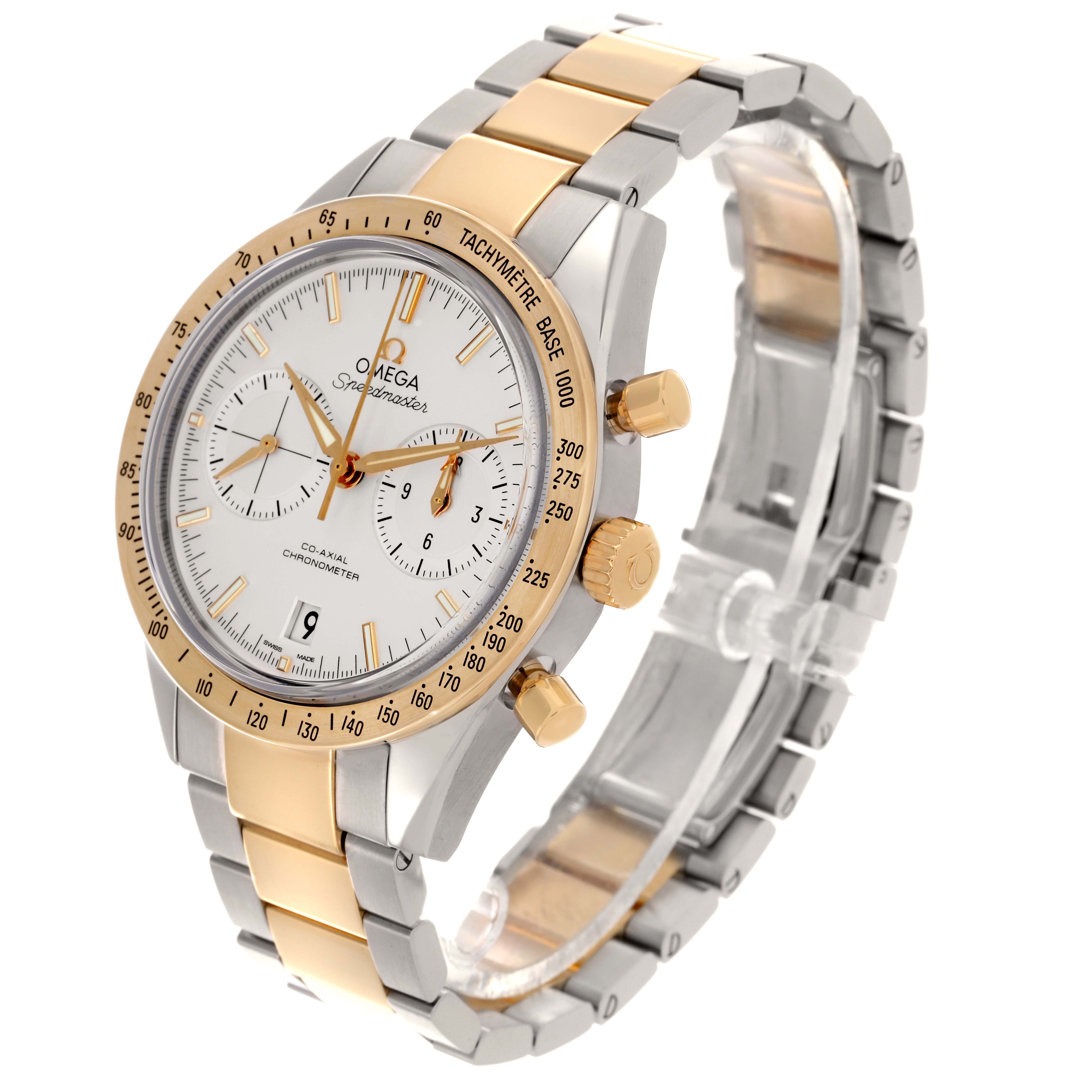 The Omega Seamaster 331.20.42.51.02.001 Men's Steel and Gold (two tone) Silver Dial 331.20.42.51.02.001 Men's Steel and Gold (two tone) Silver Dial watch is shown at an angle highlighting the face, bezel, crown, pushers, and two-tone bracelet.