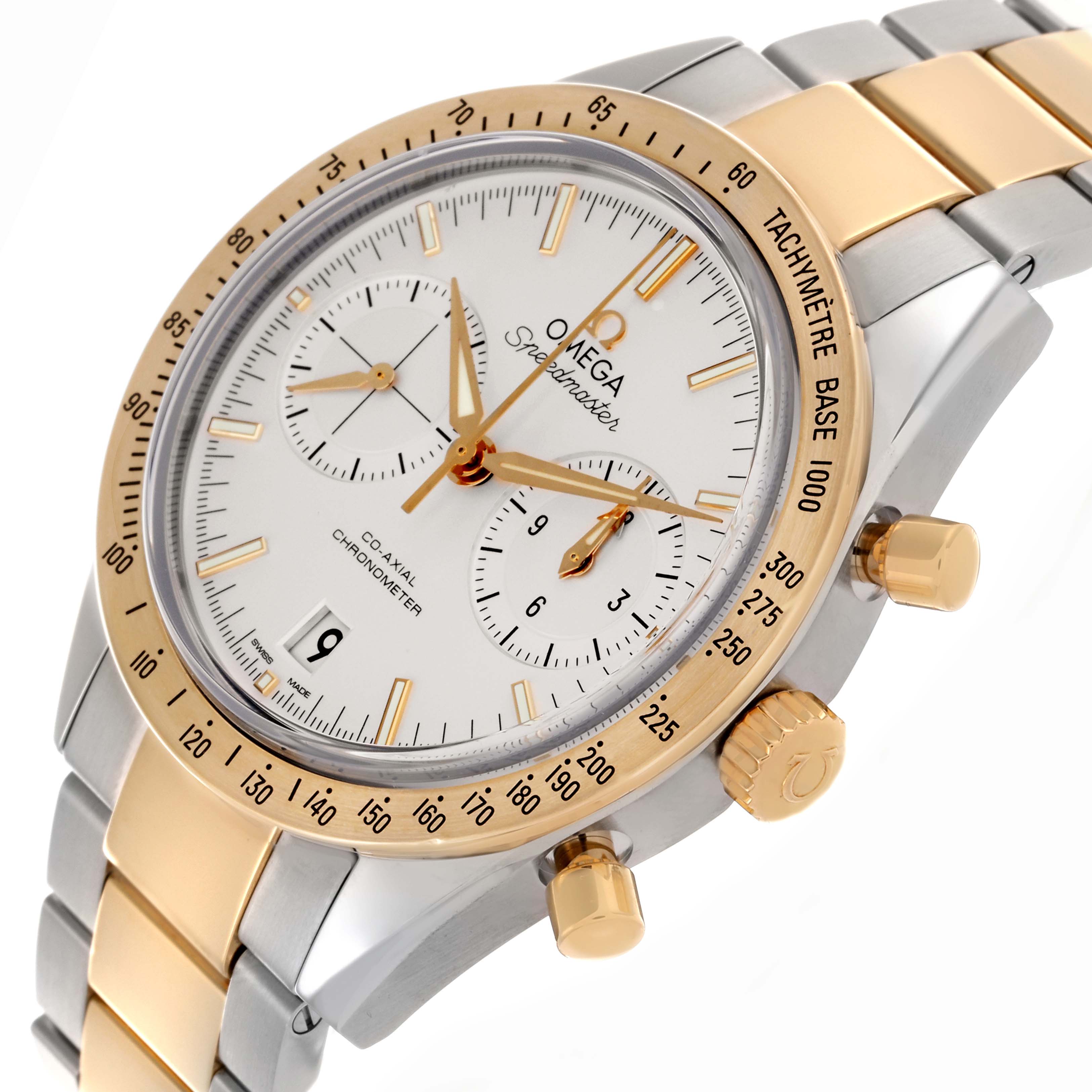 The Omega Seamaster 331.20.42.51.02.001 Men's Steel and Gold (two tone) Silver Dial 331.20.42.51.02.001 Men's Steel and Gold (two tone) Silver Dial watch is shown at an angled view, highlighting the face, bezel, pushers, and two-tone bracelet.