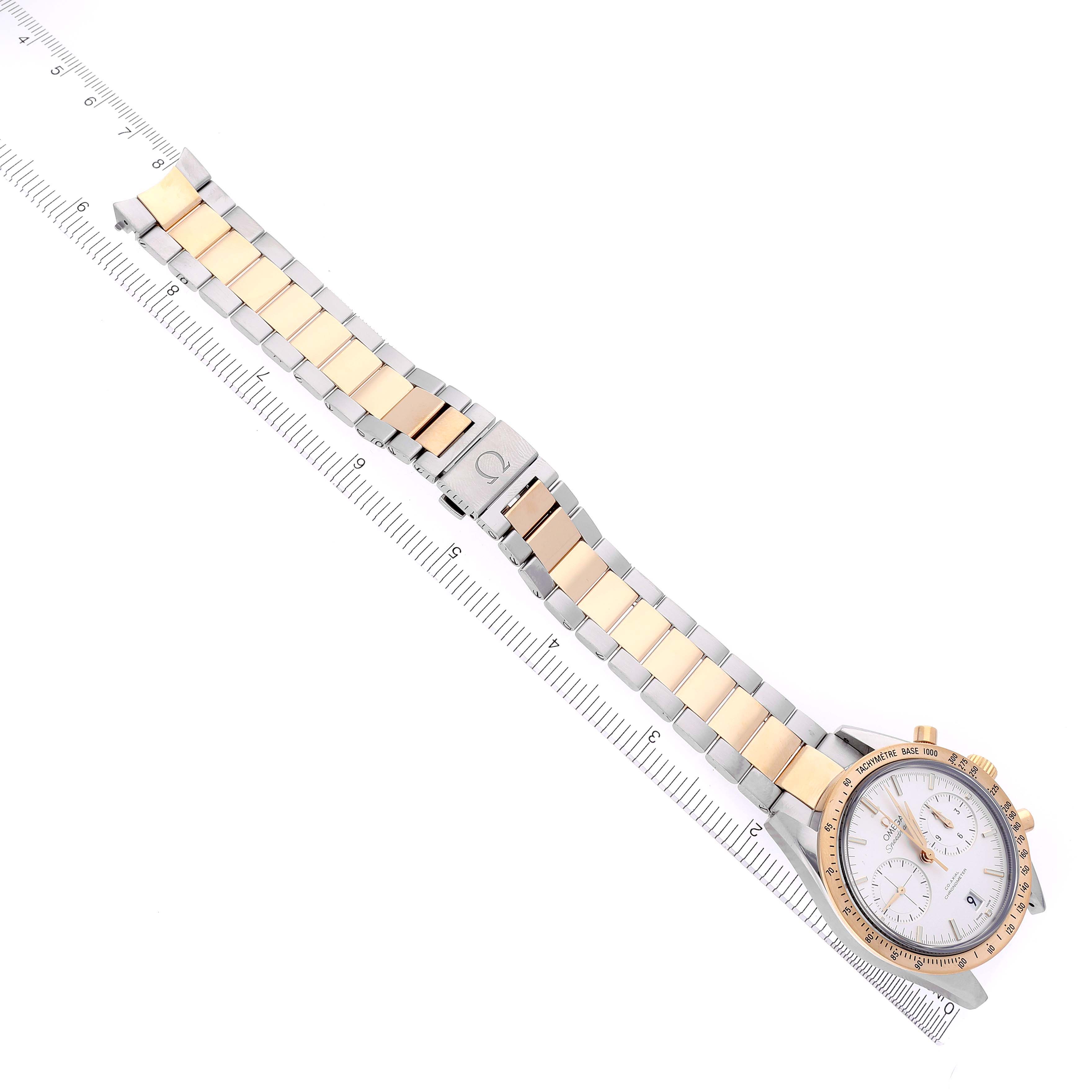 The Omega Seamaster 331.20.42.51.02.001 Men's Steel and Gold (two tone) Silver Dial 331.20.42.51.02.001 Men's Steel and Gold (two tone) Silver Dial watch is shown diagonally, featuring its face, bezel, and two-tone bracelet with a clasp.