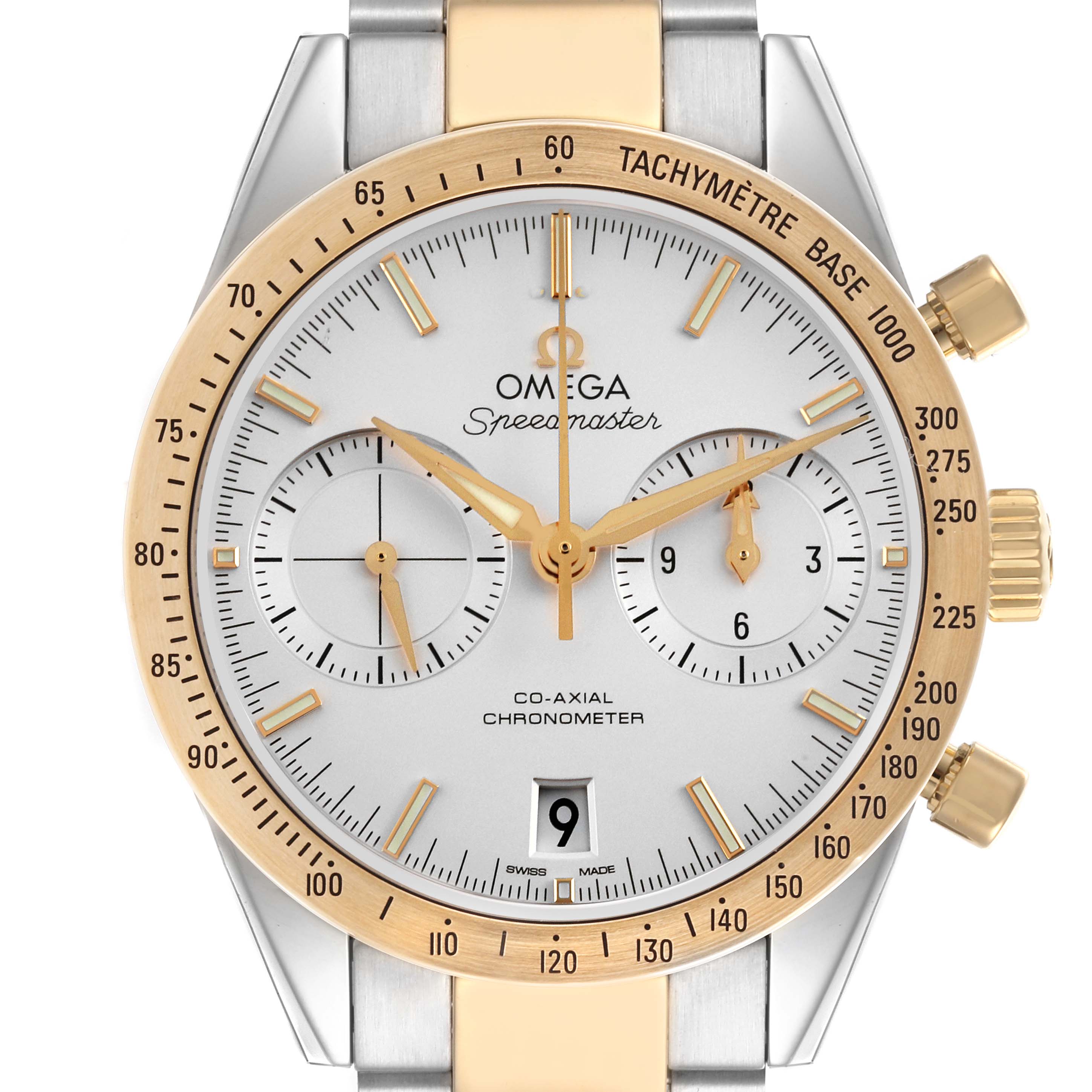 The Omega Seamaster 331.20.42.51.02.001 Men's Steel and Gold (two tone) Silver Dial 331.20.42.51.02.001 Men's Steel and Gold (two tone) Silver Dial watch is shown from a front angle, highlighting its gold bezel, chronometer, and tachymeter.