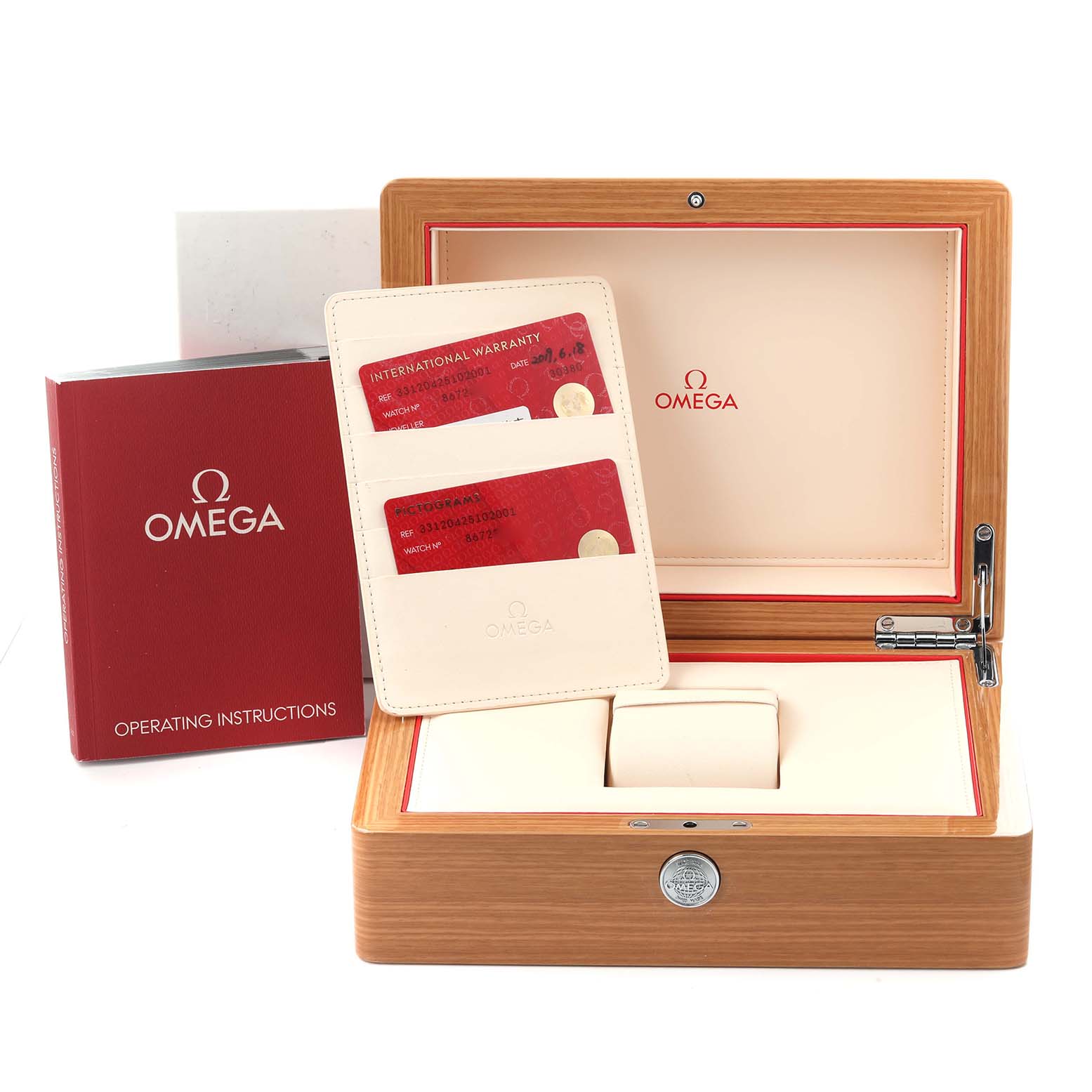 The image shows an Omega Seamaster 331.20.42.51.02.001 Men's Steel and Gold (two tone) Silver Dial 331.20.42.51.02.001 Men's Steel and Gold (two tone) Silver Dial watch box with warranty cards and an operating manual.