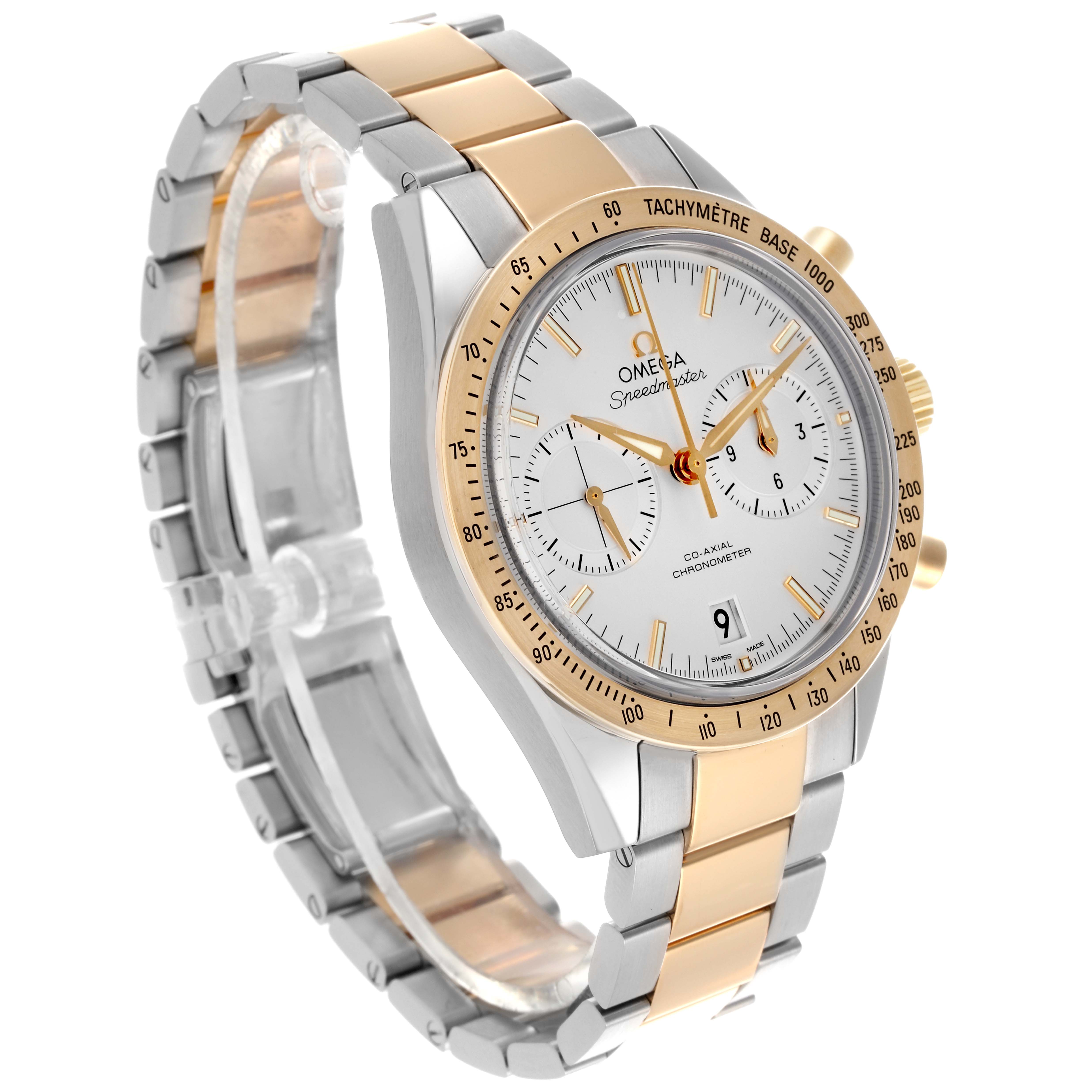 The Omega Seamaster 331.20.42.51.02.001 Men's Steel and Gold (two tone) Silver Dial 331.20.42.51.02.001 Men's Steel and Gold (two tone) Silver Dial model is shown at a three-quarter angle, highlighting the face, bezel, and bracelet.