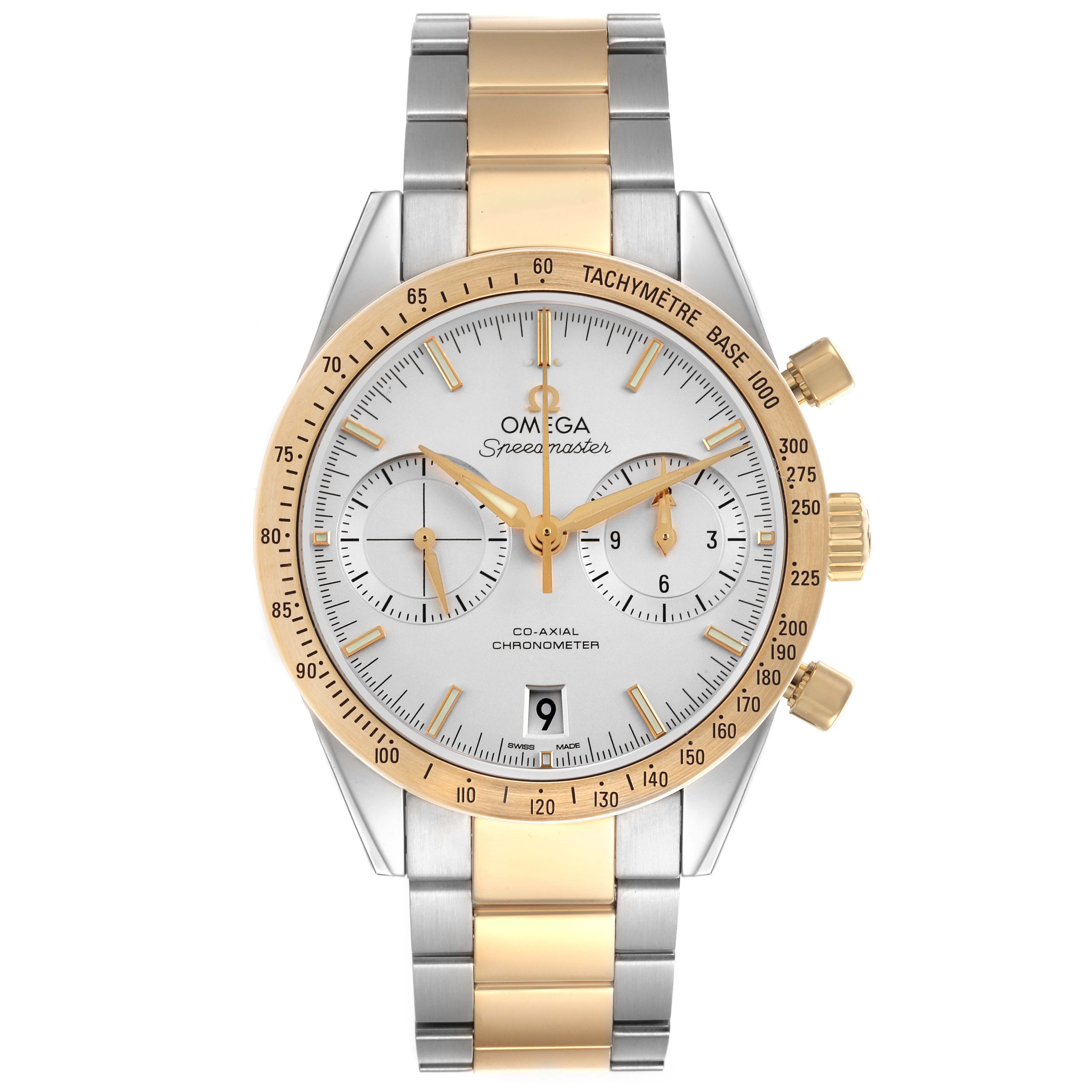 The Omega Seamaster 331.20.42.51.02.001 Men's Steel and Gold (two tone) Silver Dial 331.20.42.51.02.001 Men's Steel and Gold (two tone) Silver Dial is shown from a front angle, featuring its dial, bezel, and bracelet.