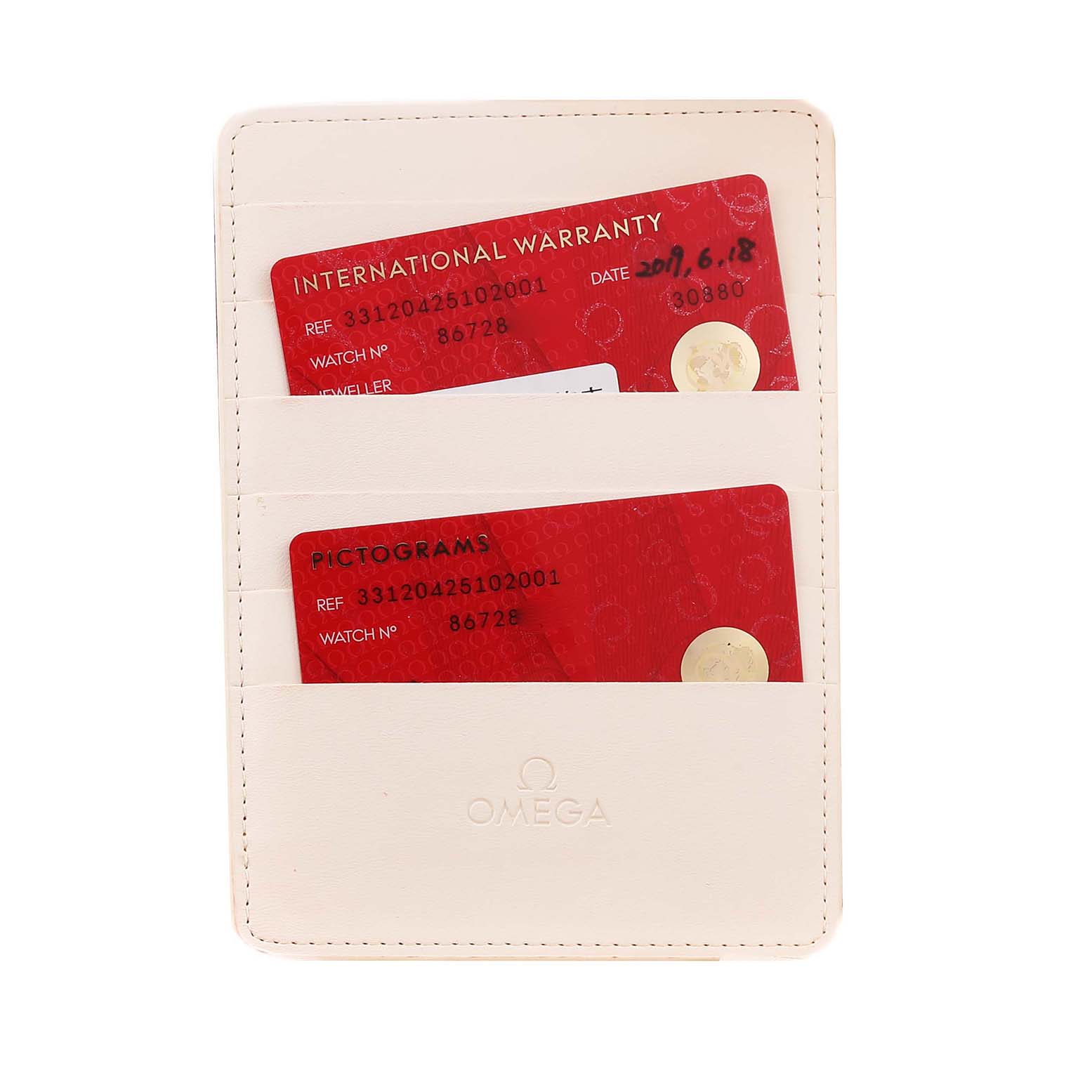 The image shows an Omega Seamaster 331.20.42.51.02.001 Men's Steel and Gold (two tone) Silver Dial 331.20.42.51.02.001 Men's Steel and Gold (two tone) Silver Dial accessory: a cardholder with international warranty and pictogram cards inserted.