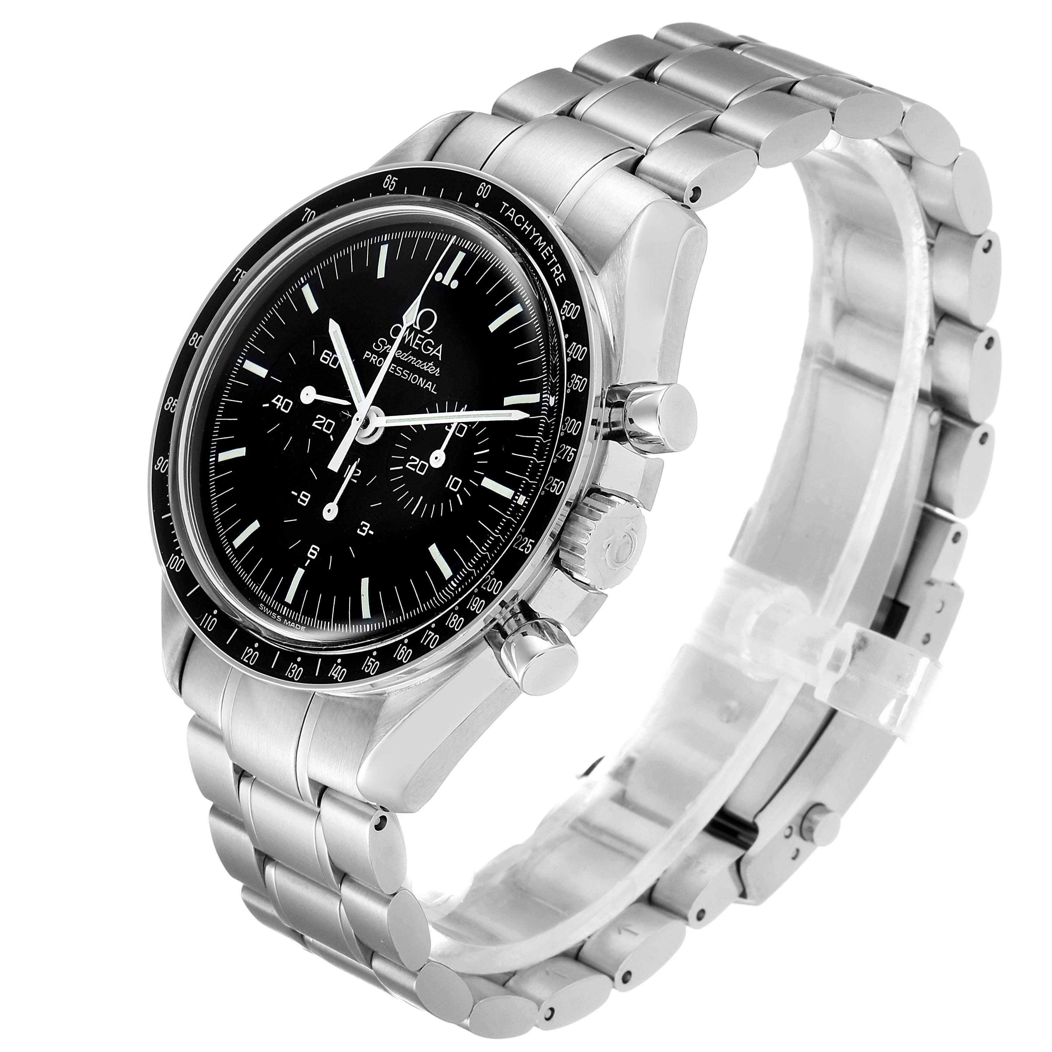 The Omega Speedmaster 3570.50.00 Men
s Stainless Steel Black Dial 3570.50.00 Men
s Stainless Steel Black Dial watch is shown at an angle displaying the face, tachymeter bezel, crown, push buttons, and stainless steel bracelet.
