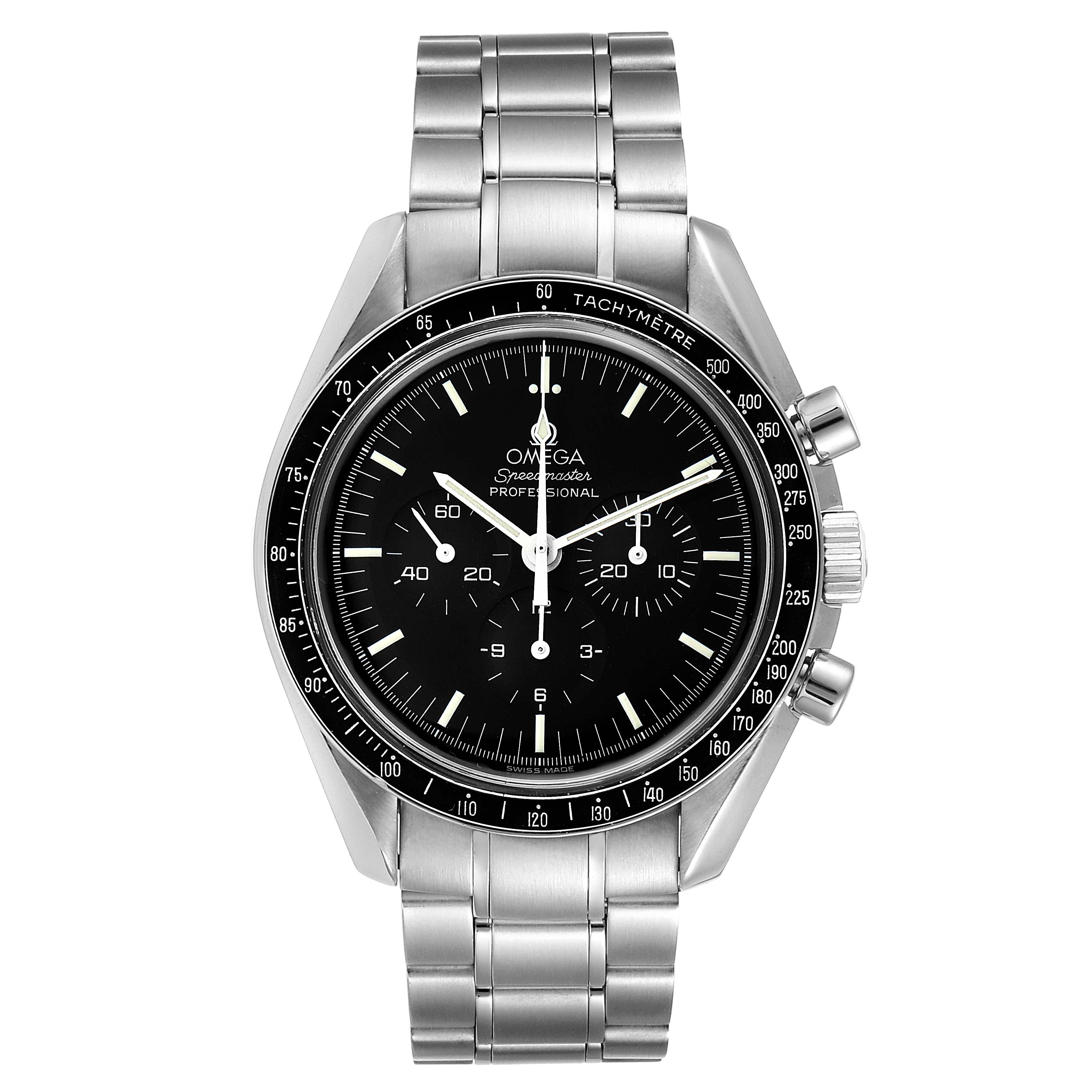 This image shows the front view of an Omega Speedmaster 3570.50.00 Men
s Stainless Steel Black Dial 3570.50.00 Men
s Stainless Steel Black Dial, highlighting its dial, bezel, and stainless steel bracelet.