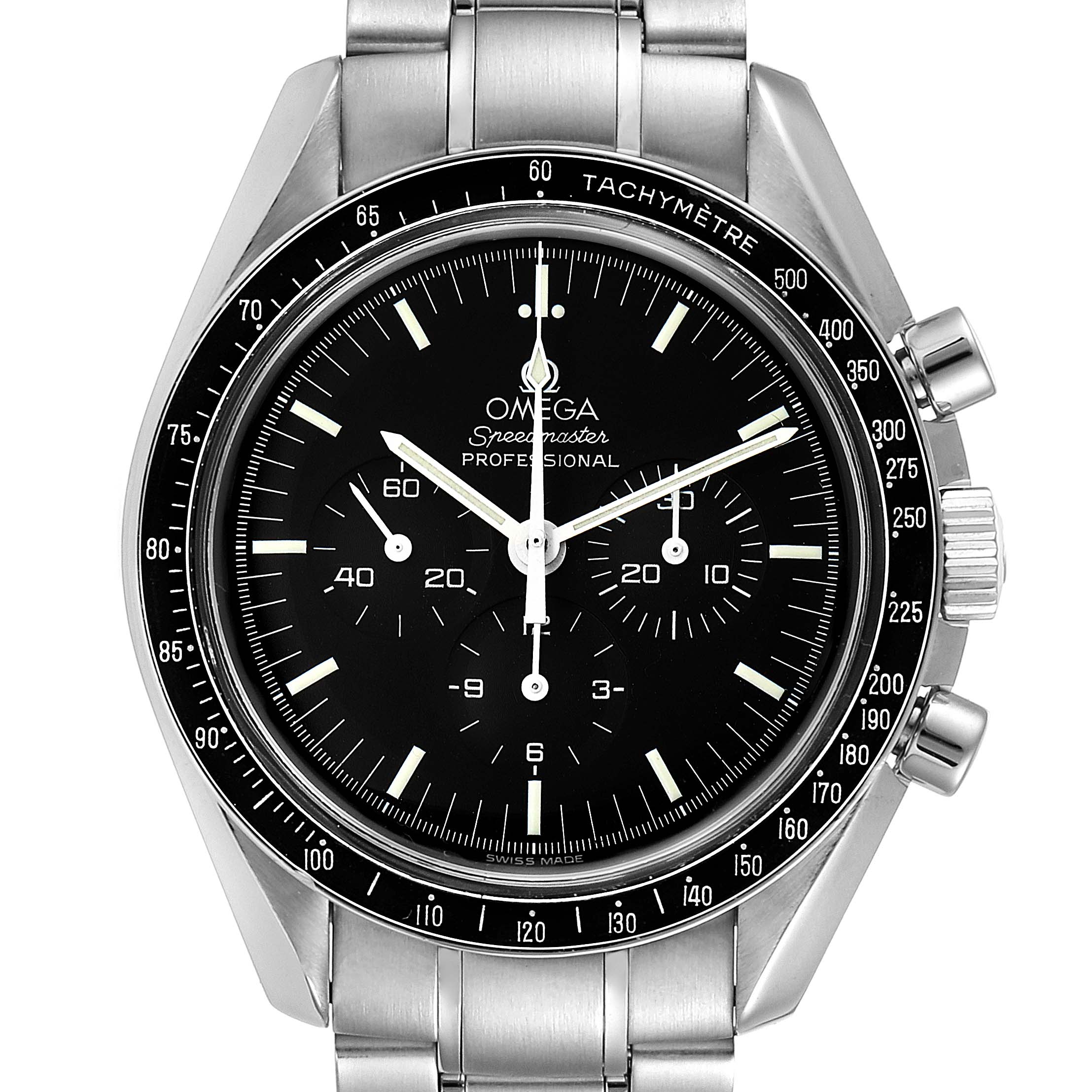 This image shows a front view of the Omega Speedmaster 3570.50.00 Men
s Stainless Steel Black Dial 3570.50.00 Men
s Stainless Steel Black Dial watch, highlighting the face, bezel, and part of the bracelet.
