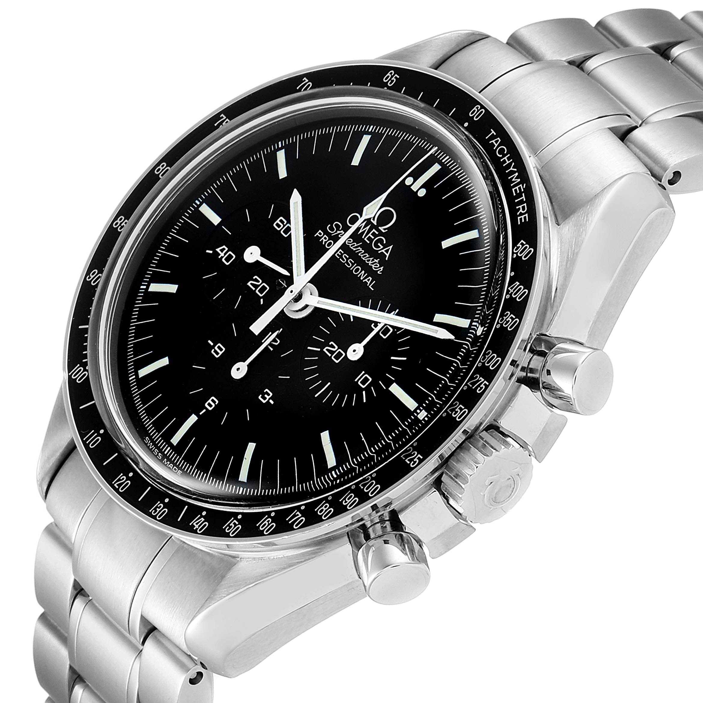 The image shows an Omega Speedmaster 3570.50.00 Men
s Stainless Steel Black Dial 3570.50.00 Men
s Stainless Steel Black Dial watch from an oblique angle, highlighting the dial, tachymeter bezel, and metal bracelet.