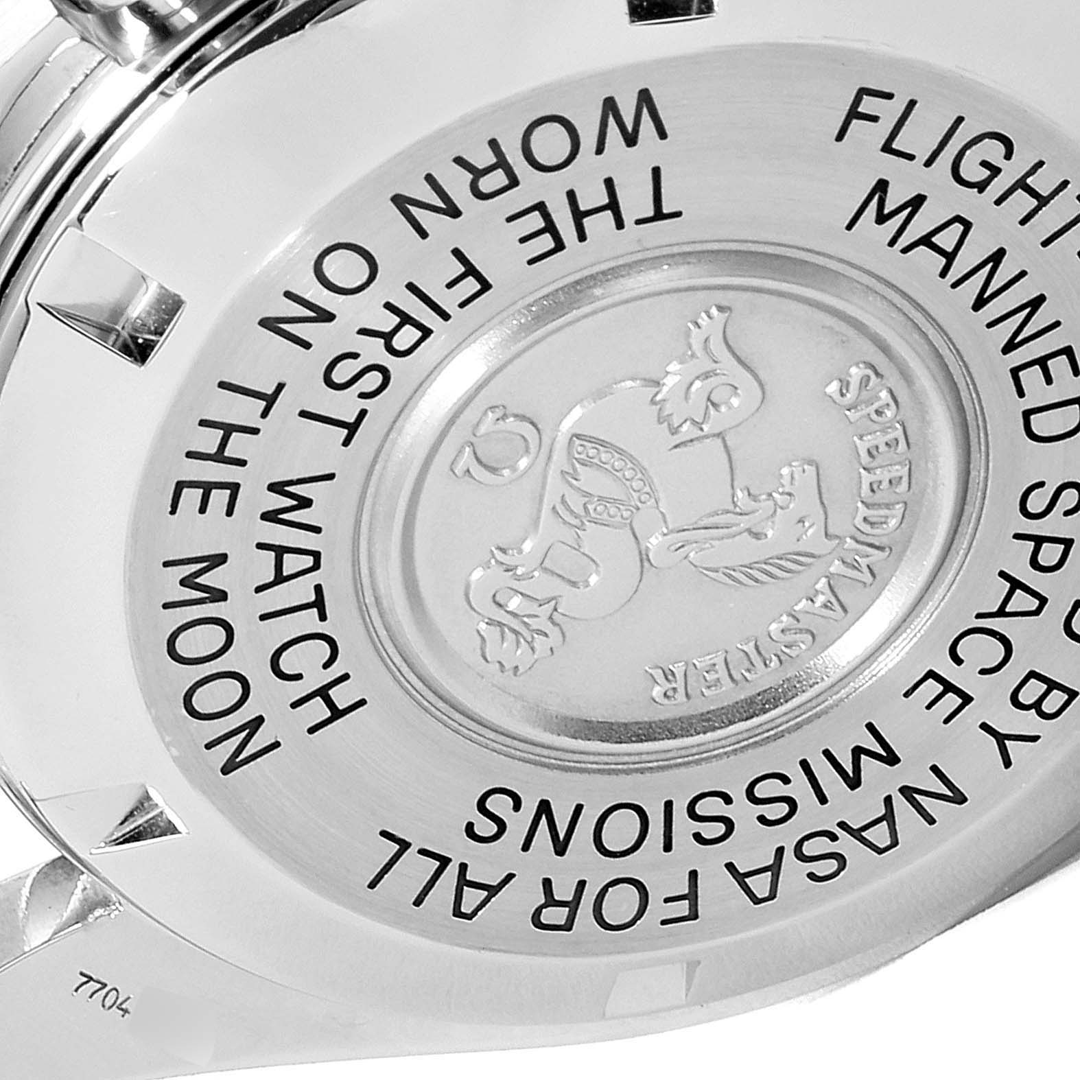 This image shows the back case of the Omega Speedmaster 3570.50.00 Men
s Stainless Steel Black Dial 3570.50.00 Men
s Stainless Steel Black Dial watch at an angled top-down view.