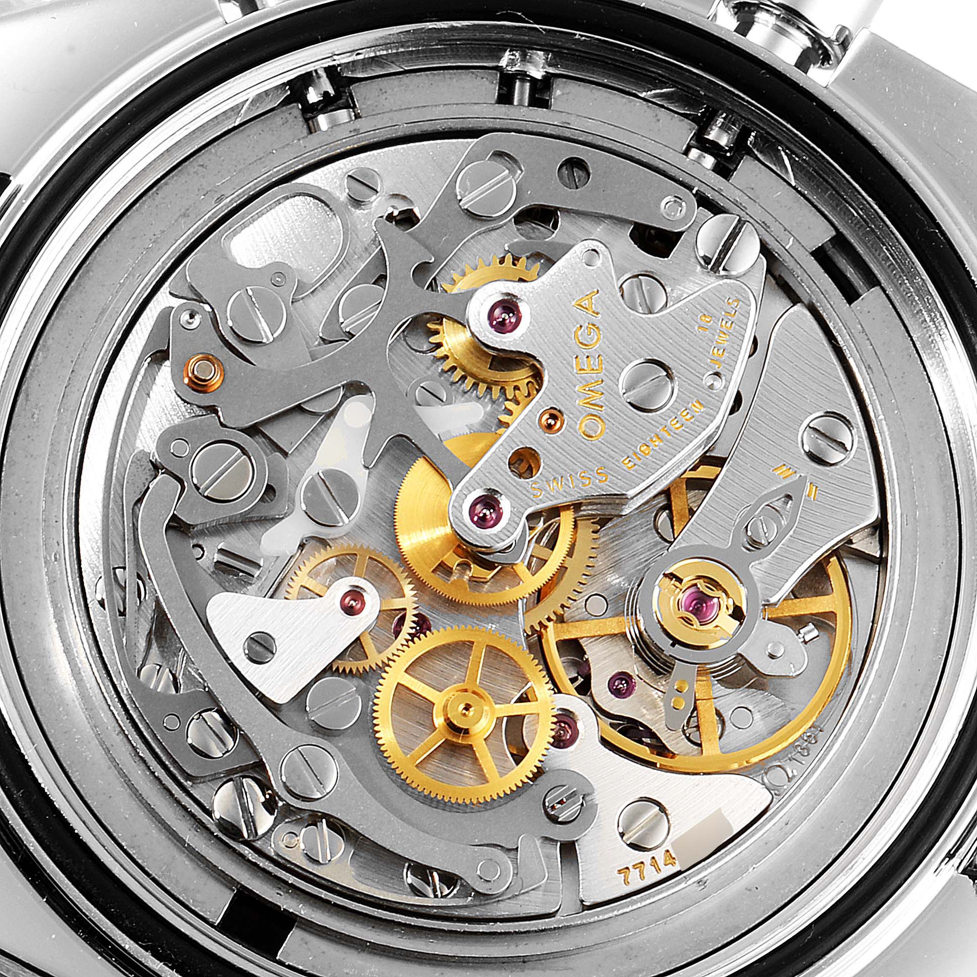 This is a close-up view of the Omega Speedmaster 3570.50.00 Men
s Stainless Steel Black Dial 3570.50.00 Men
s Stainless Steel Black Dial
s intricate mechanical movement from the back case.