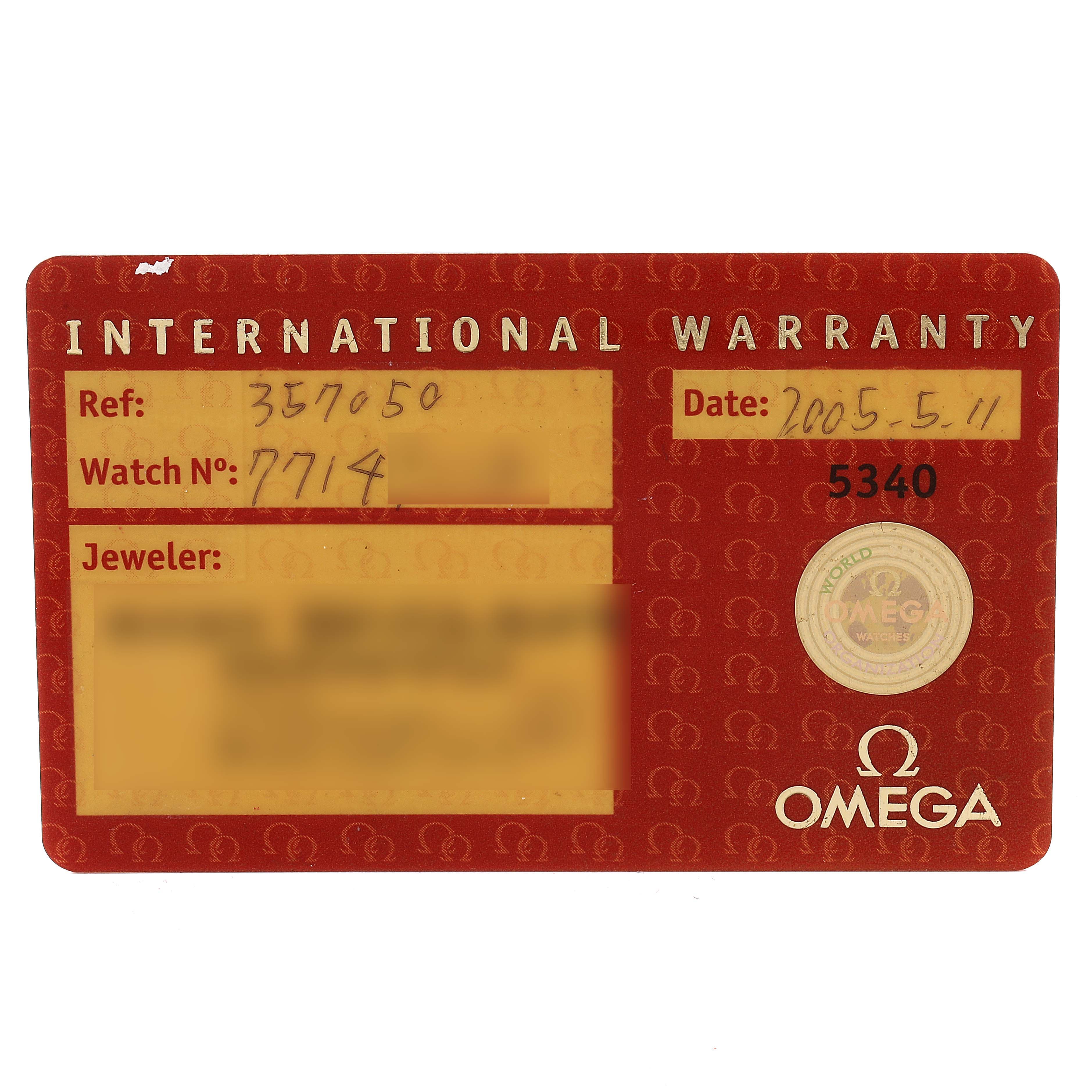 The image shows an Omega Speedmaster 3570.50.00 Men
s Stainless Steel Black Dial 3570.50.00 Men
s Stainless Steel Black Dial
s International Warranty card with reference and watch numbers, date, and jeweler
s details.