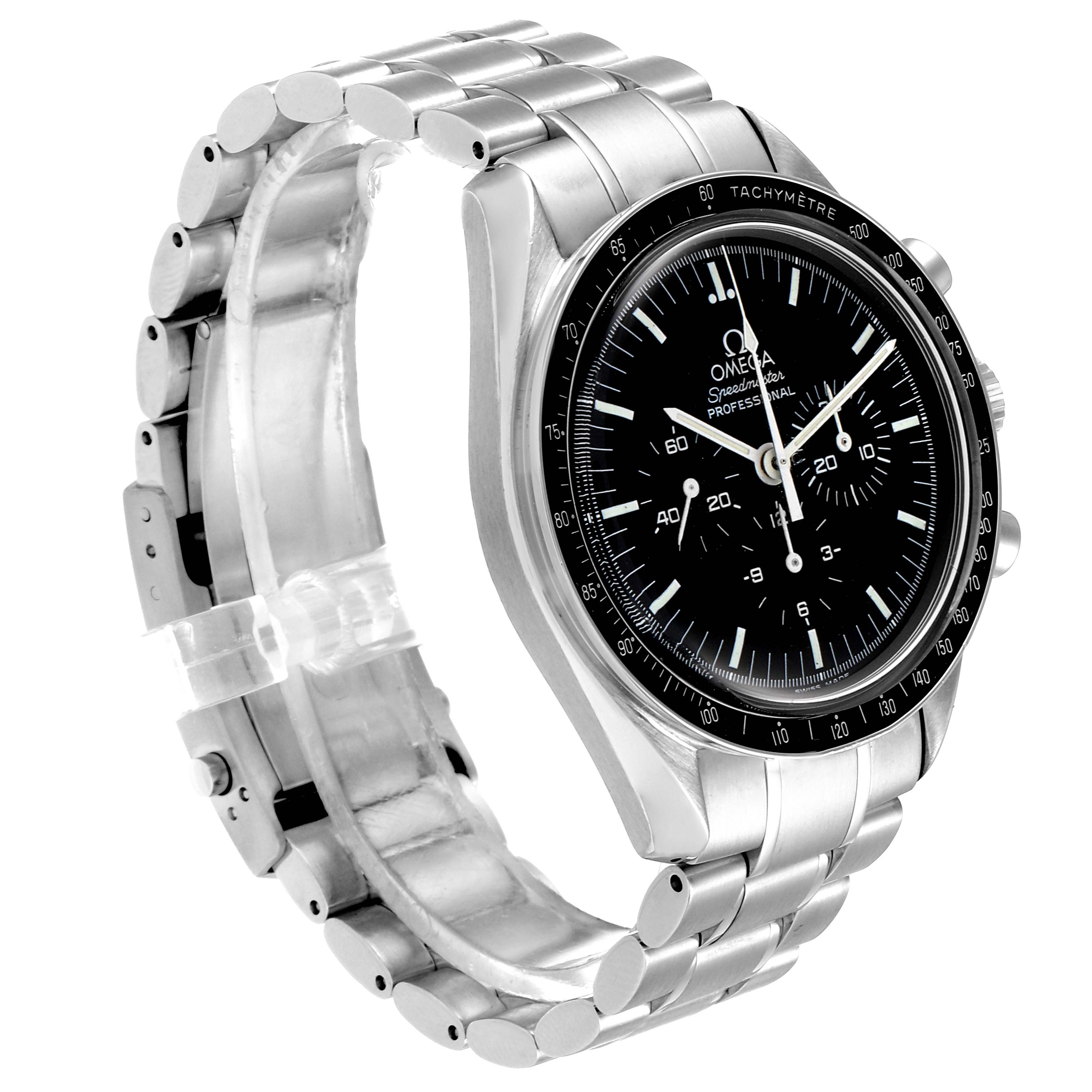 The Omega Speedmaster 3570.50.00 Men
s Stainless Steel Black Dial 3570.50.00 Men
s Stainless Steel Black Dial watch is shown at a three-quarter angle, highlighting its face, bezel, and metal bracelet.