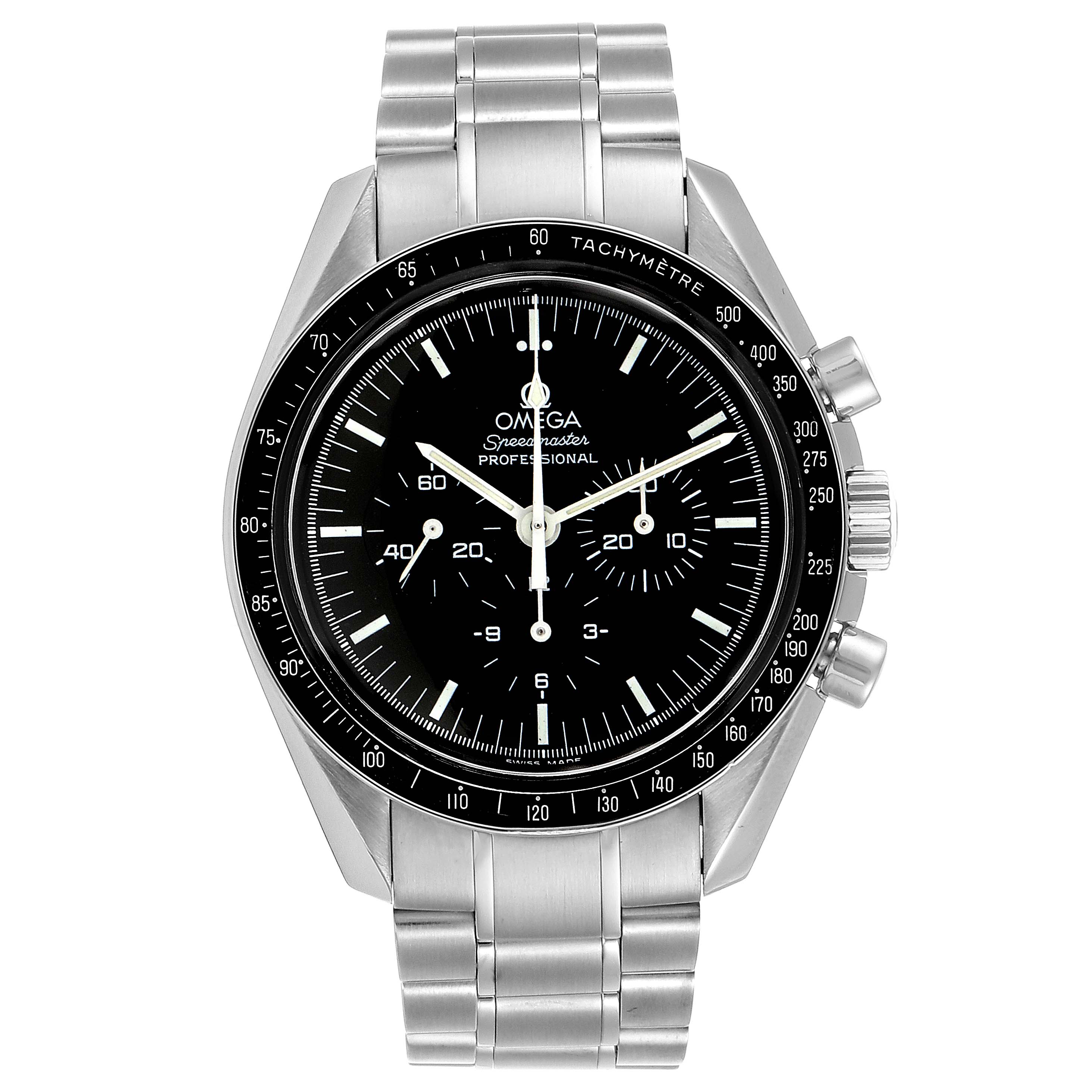 The image shows a front view of the Omega Speedmaster 3570.50.00 Men
s Stainless Steel Black Dial 3570.50.00 Men
s Stainless Steel Black Dial model, displaying its dial, bezel, sub-dials, and metal bracelet.