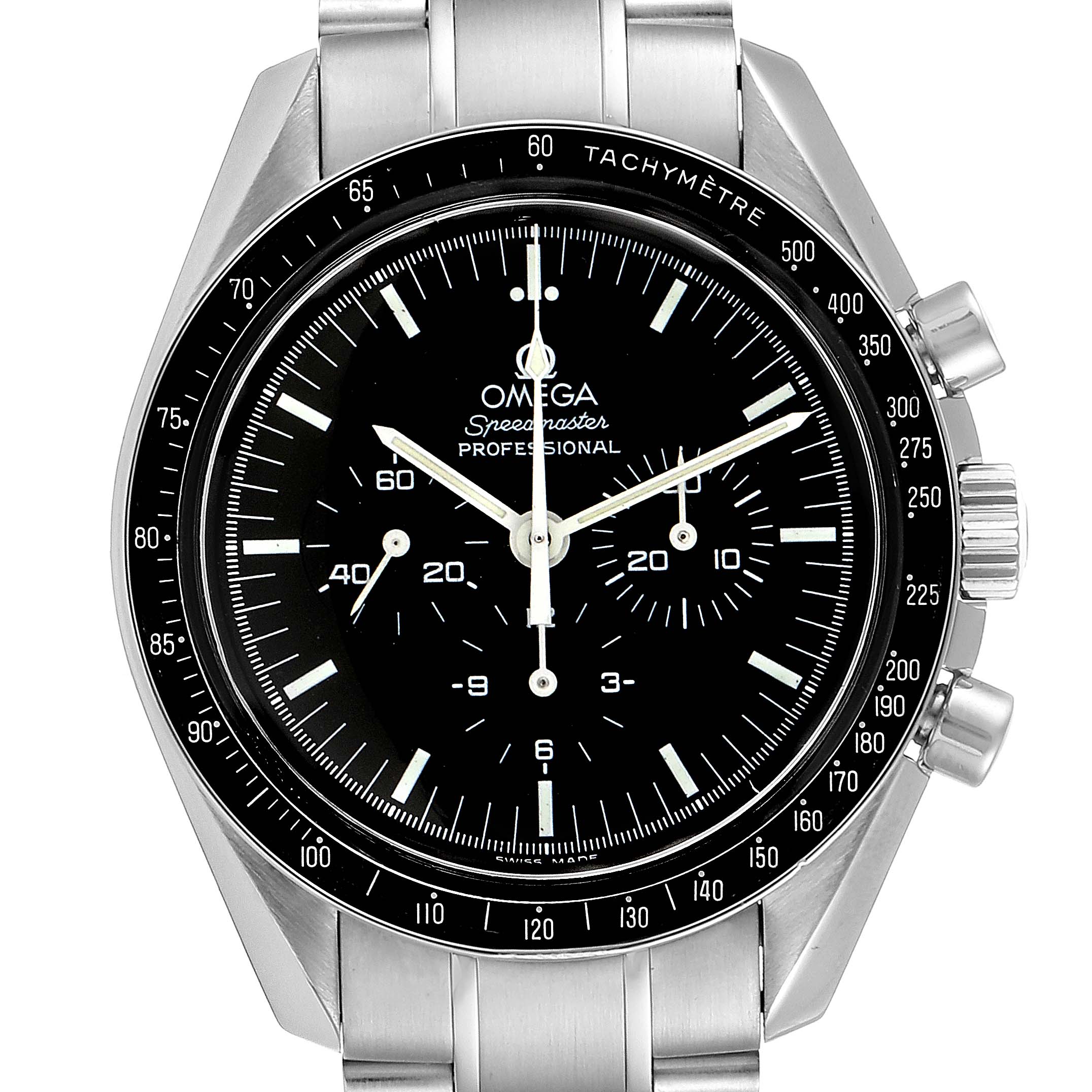This image shows a front view of an Omega Speedmaster 3570.50.00 Men
s Stainless Steel Black Dial 3570.50.00 Men
s Stainless Steel Black Dial watch, highlighting its bezel, face, hands, and bracelet.