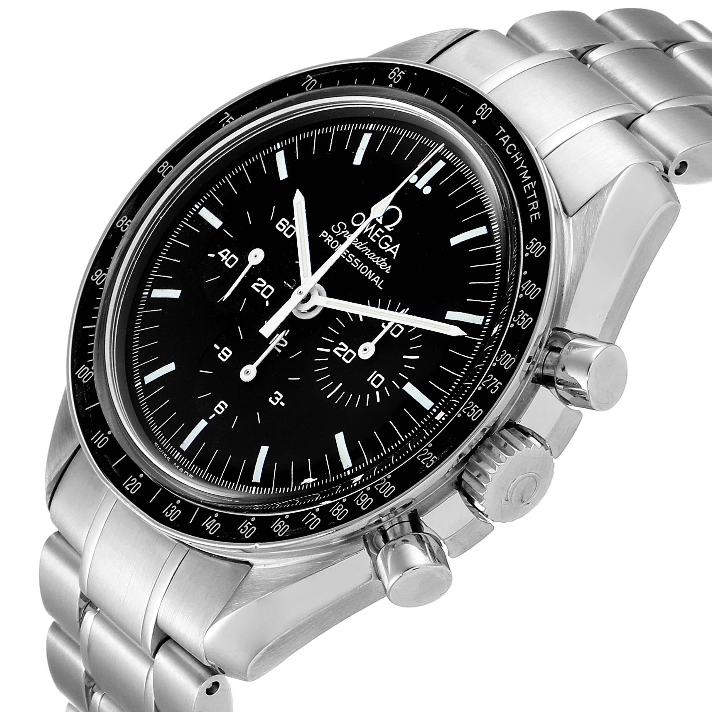 The image shows an angled view of the Omega Speedmaster 3570.50.00 Men
s Stainless Steel Black Dial 3570.50.00 Men
s Stainless Steel Black Dial watch, highlighting its black dial, tachymeter bezel, and stainless steel bracelet.