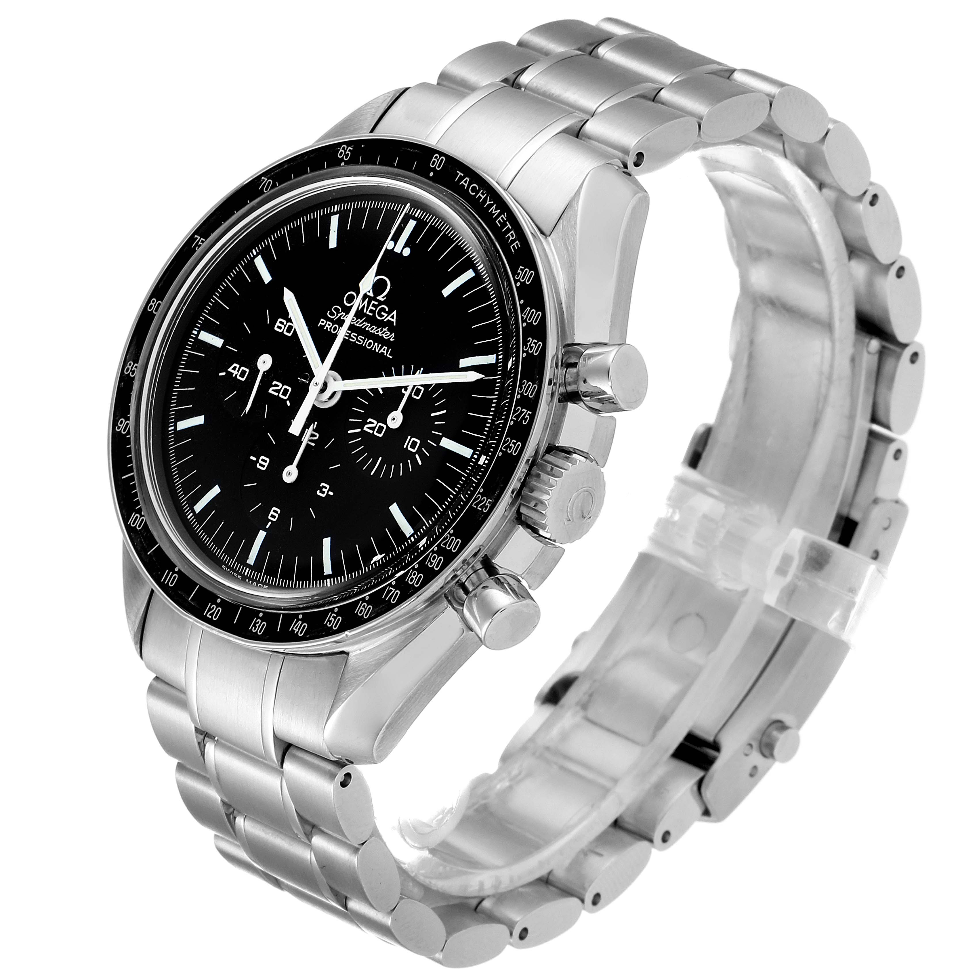The image shows an Omega Speedmaster 3570.50.00 Men
s Stainless Steel Black Dial 3570.50.00 Men
s Stainless Steel Black Dial watch at a three-quarter view, displaying its dial, bezel, crown, and stainless steel bracelet.