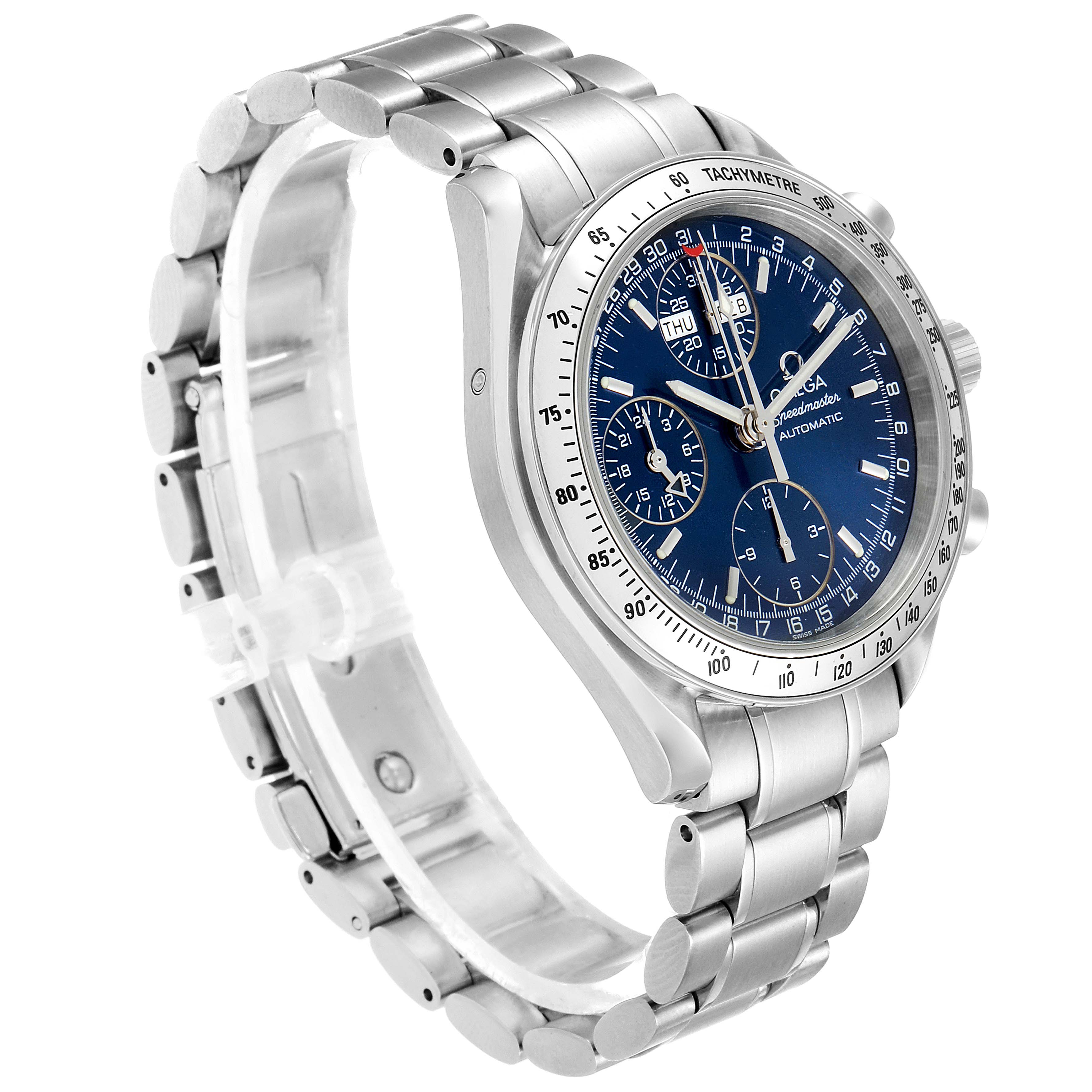 The Omega Speedmaster 3523.80.00 Men
s Stainless Steel Blue Dial 3523.80.00 Men
s Stainless Steel Blue Dial watch is shown at an oblique angle, highlighting the face, bezel, bracelet, and chronograph subdials.