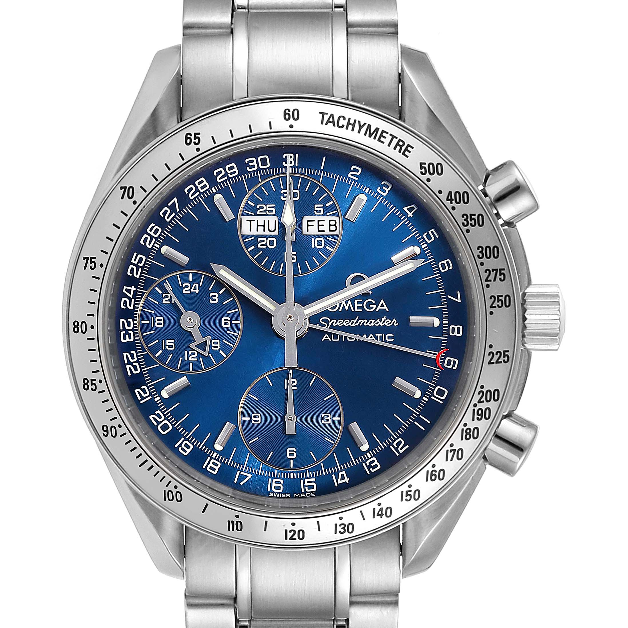 The Omega Speedmaster 3523.80.00 Men
s Stainless Steel Blue Dial 3523.80.00 Men
s Stainless Steel Blue Dial watch is shown from a front angle, displaying its blue dial, tachymeter bezel, and stainless steel bracelet.