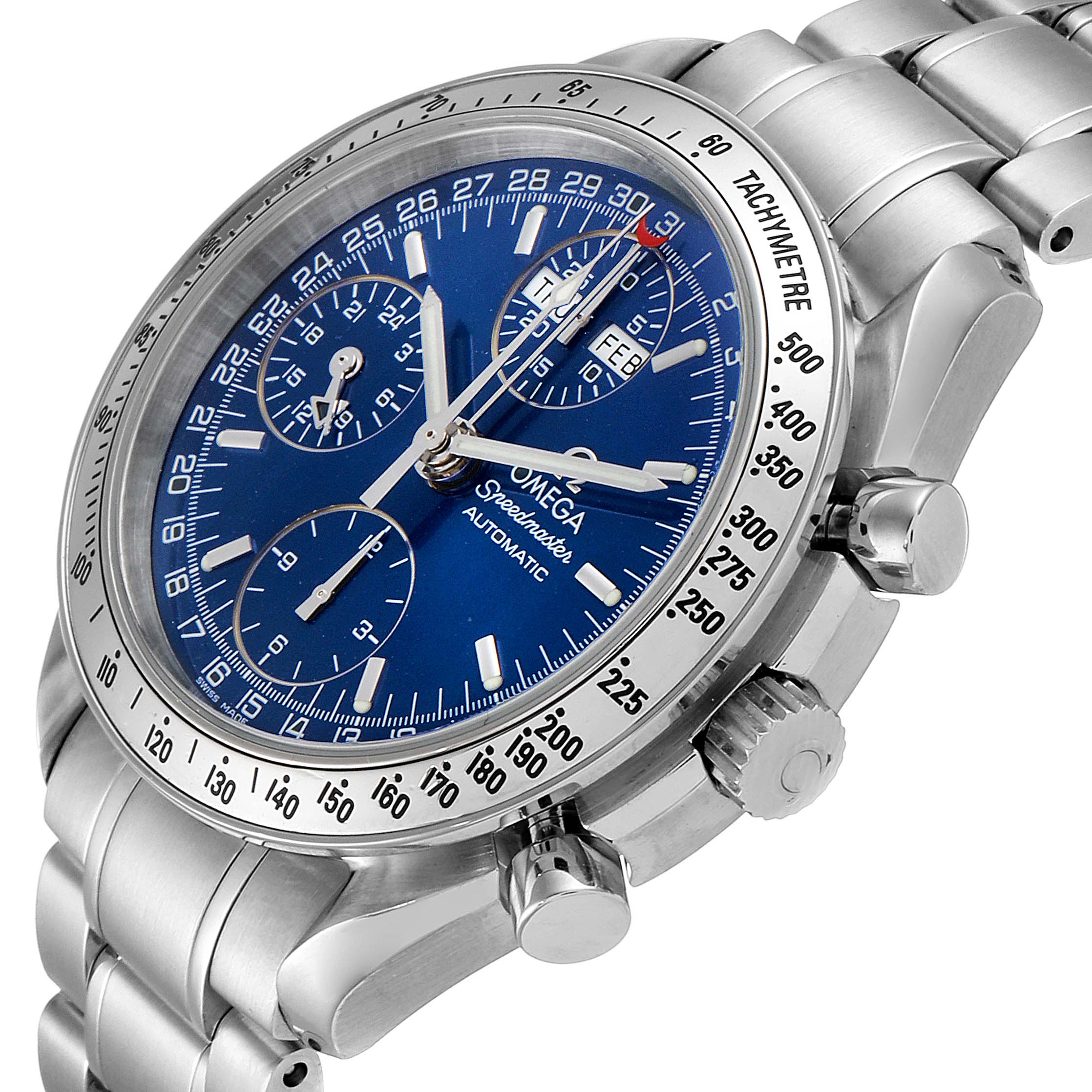This Omega Speedmaster 3523.80.00 Men
s Stainless Steel Blue Dial 3523.80.00 Men
s Stainless Steel Blue Dial watch is shown at a slight side angle, displaying the blue dial, subdials, tachymeter bezel, and stainless steel bracelet.