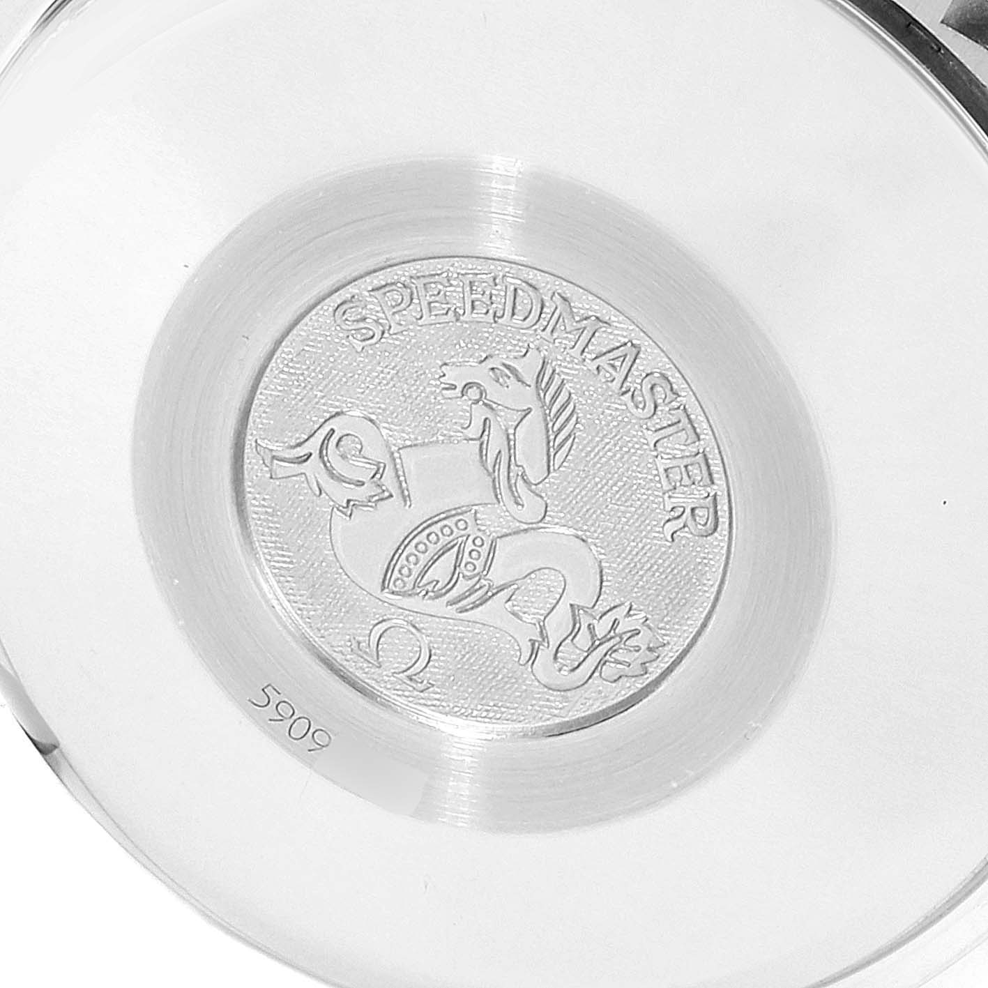 This image shows the case back of the Omega Speedmaster 3523.80.00 Men
s Stainless Steel Blue Dial 3523.80.00 Men
s Stainless Steel Blue Dial watch, featuring the Speedmaster emblem.