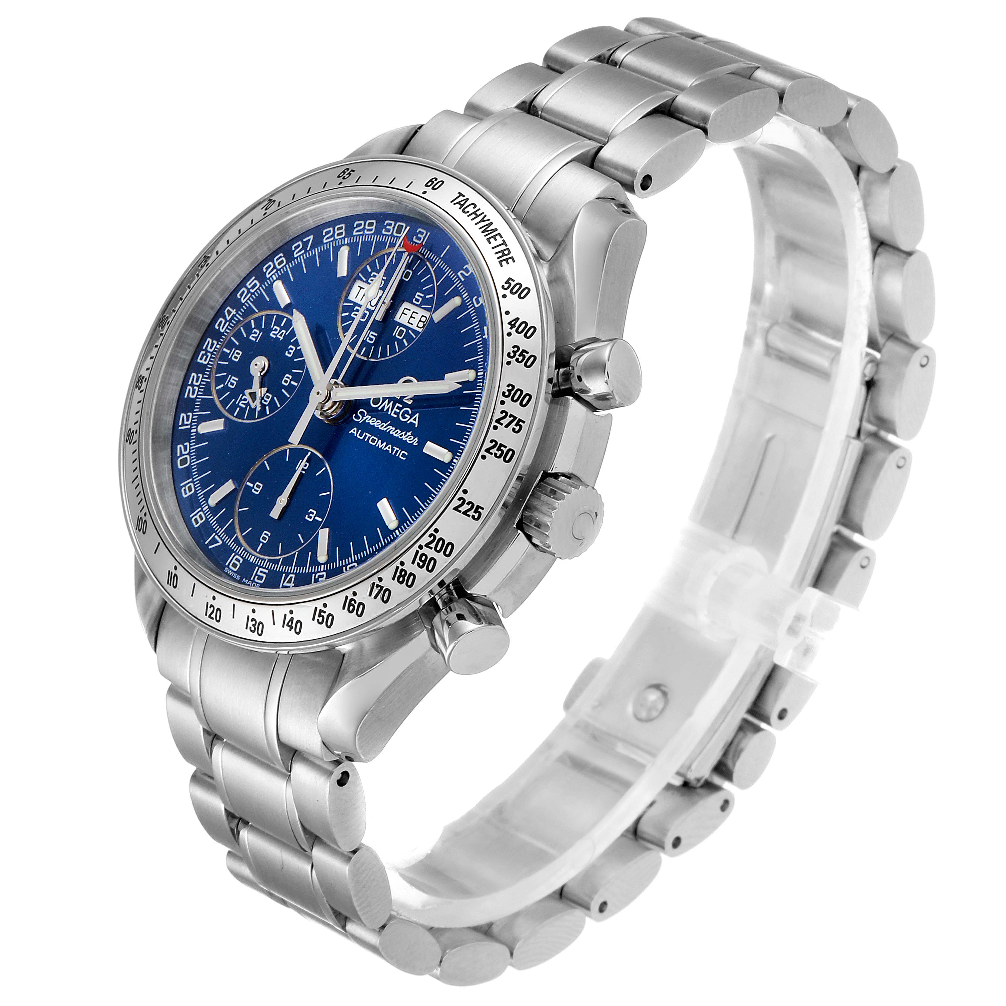 This Omega Speedmaster 3523.80.00 Men
s Stainless Steel Blue Dial 3523.80.00 Men
s Stainless Steel Blue Dial watch is shown from an angled side view, displaying its face, tachymeter bezel, and metal bracelet.