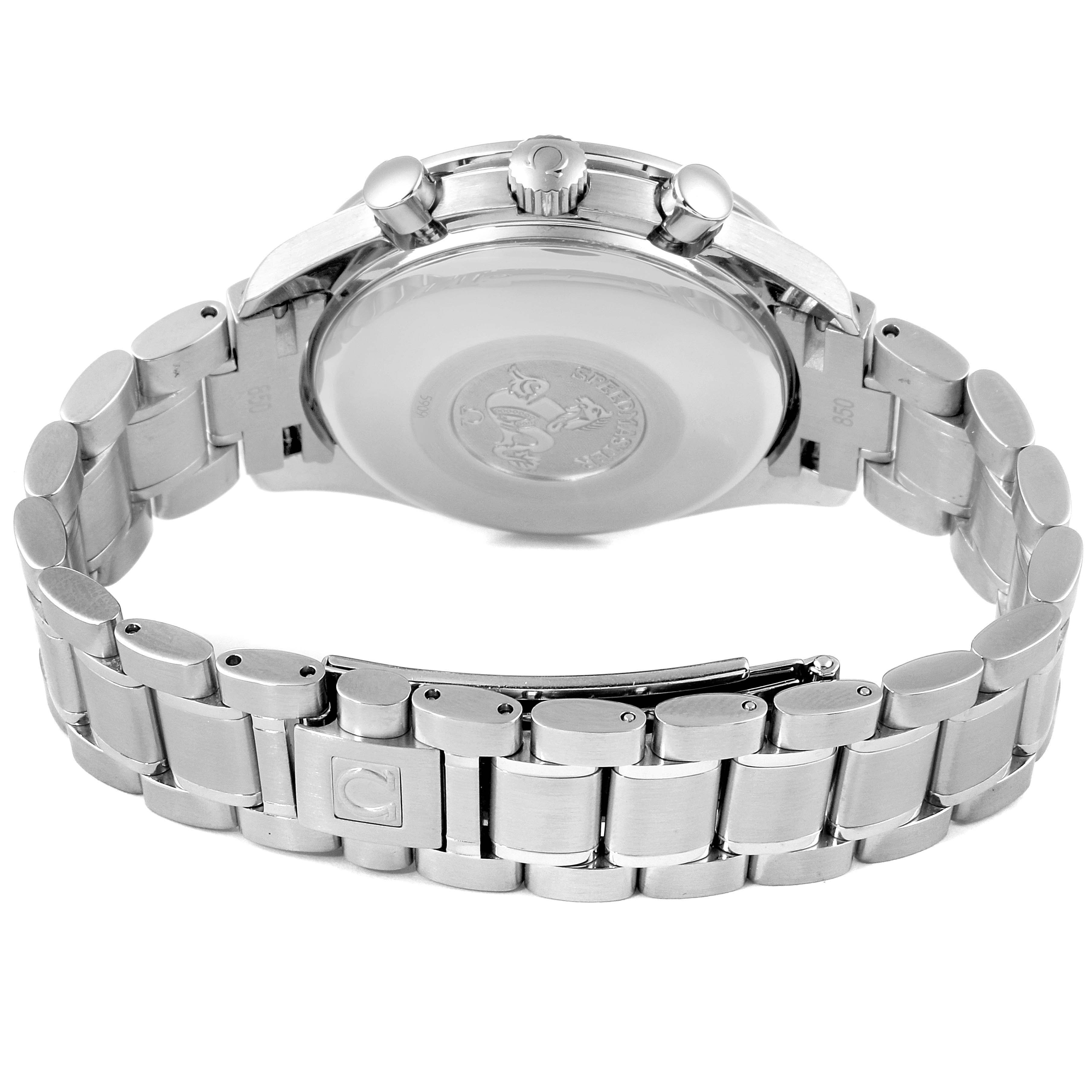 This image shows the back case and stainless steel bracelet of the Omega Speedmaster 3523.80.00 Men
s Stainless Steel Blue Dial 3523.80.00 Men
s Stainless Steel Blue Dial watch.