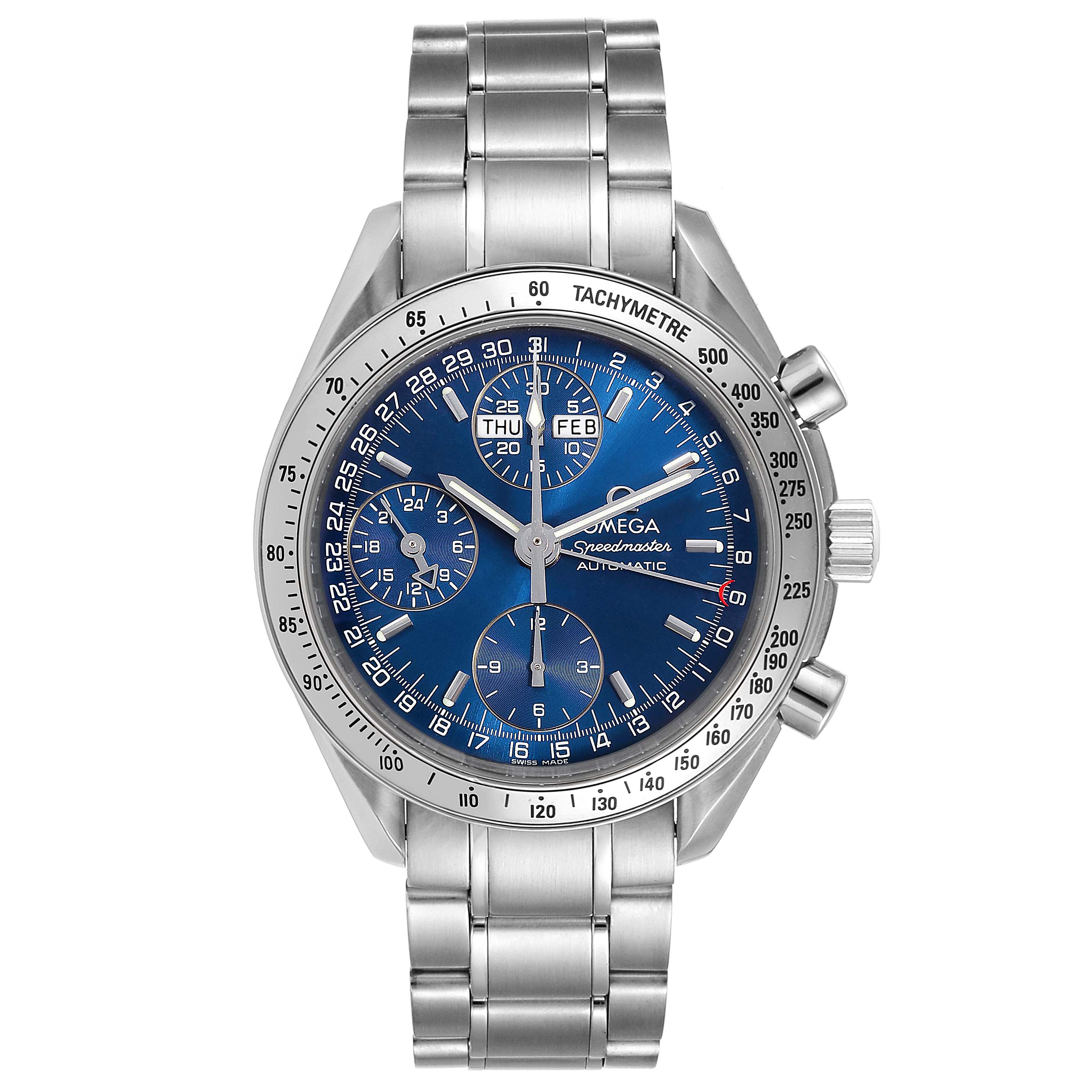 The Omega Speedmaster 3523.80.00 Men
s Stainless Steel Blue Dial 3523.80.00 Men
s Stainless Steel Blue Dial watch is shown from the front, displaying its blue dial, subdials, tachymeter bezel, and stainless steel bracelet.