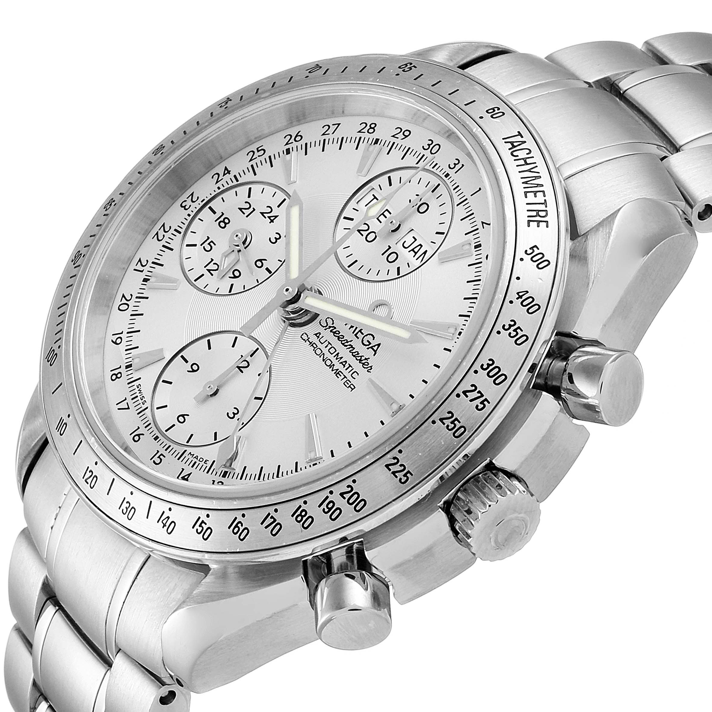 This image shows an Omega Speedmaster 3521.30.00 Men's Stainless Steel Silver Dial 3521.30.00 Men's Stainless Steel Silver Dial watch from an angled side view, highlighting the dial, crown, pushers, and bracelet.