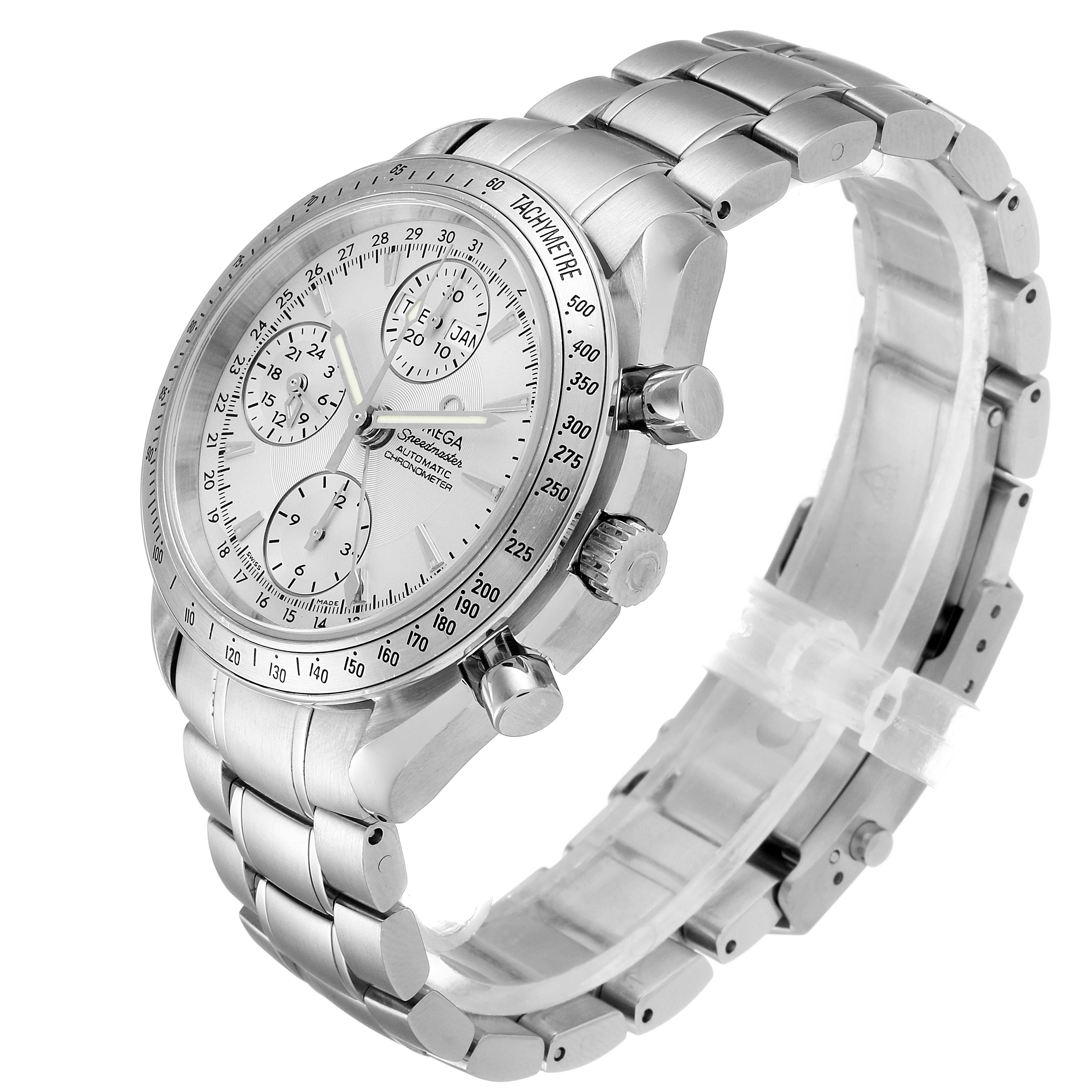 The Omega Speedmaster 3521.30.00 Men's Stainless Steel Silver Dial 3521.30.00 Men's Stainless Steel Silver Dial watch is shown at a three-quarter angle, highlighting the dial, bezel, pushers, and stainless steel bracelet.