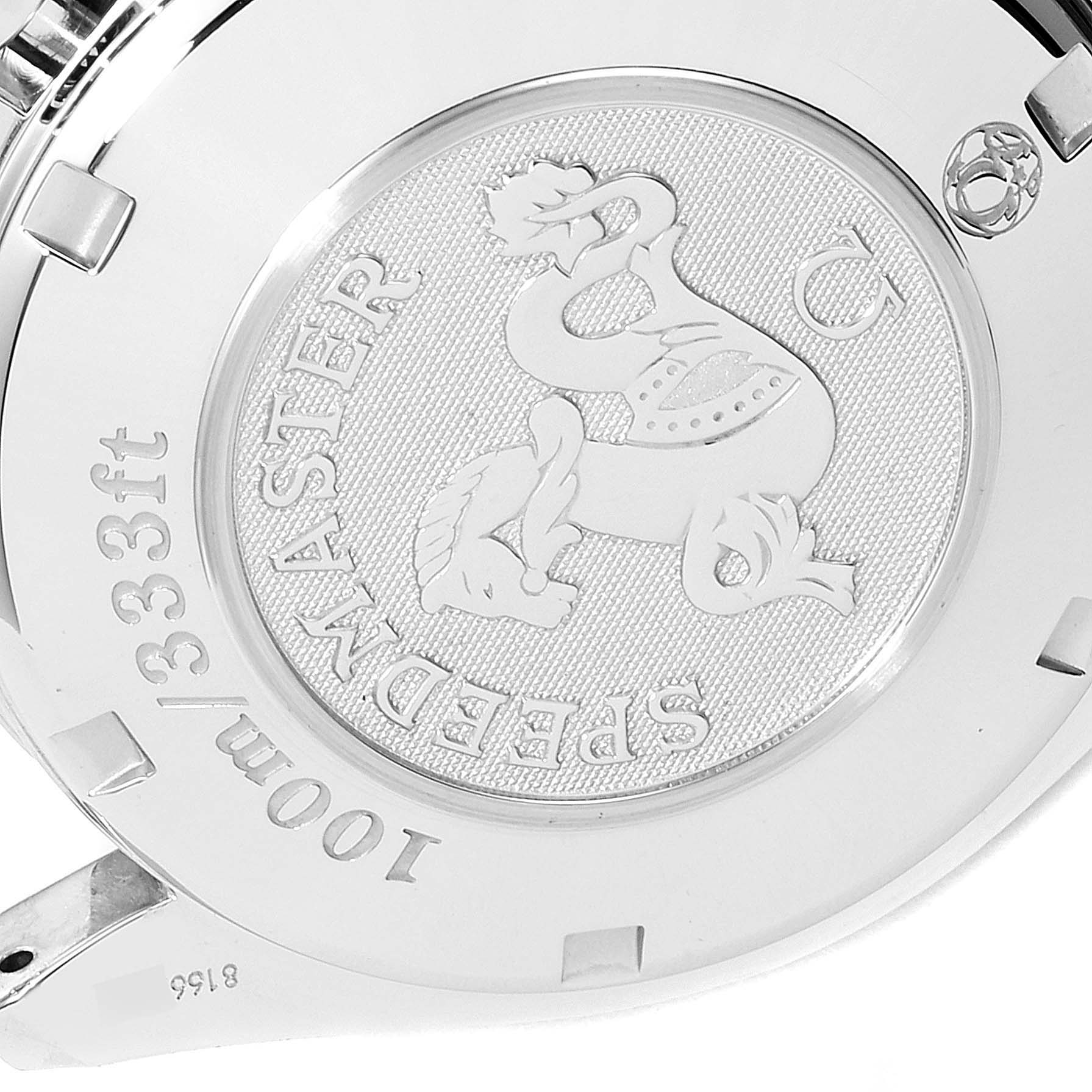 The image shows the case back of an Omega Speedmaster 3521.30.00 Men's Stainless Steel Silver Dial 3521.30.00 Men's Stainless Steel Silver Dial watch, highlighting its engraved logo and water resistance details.