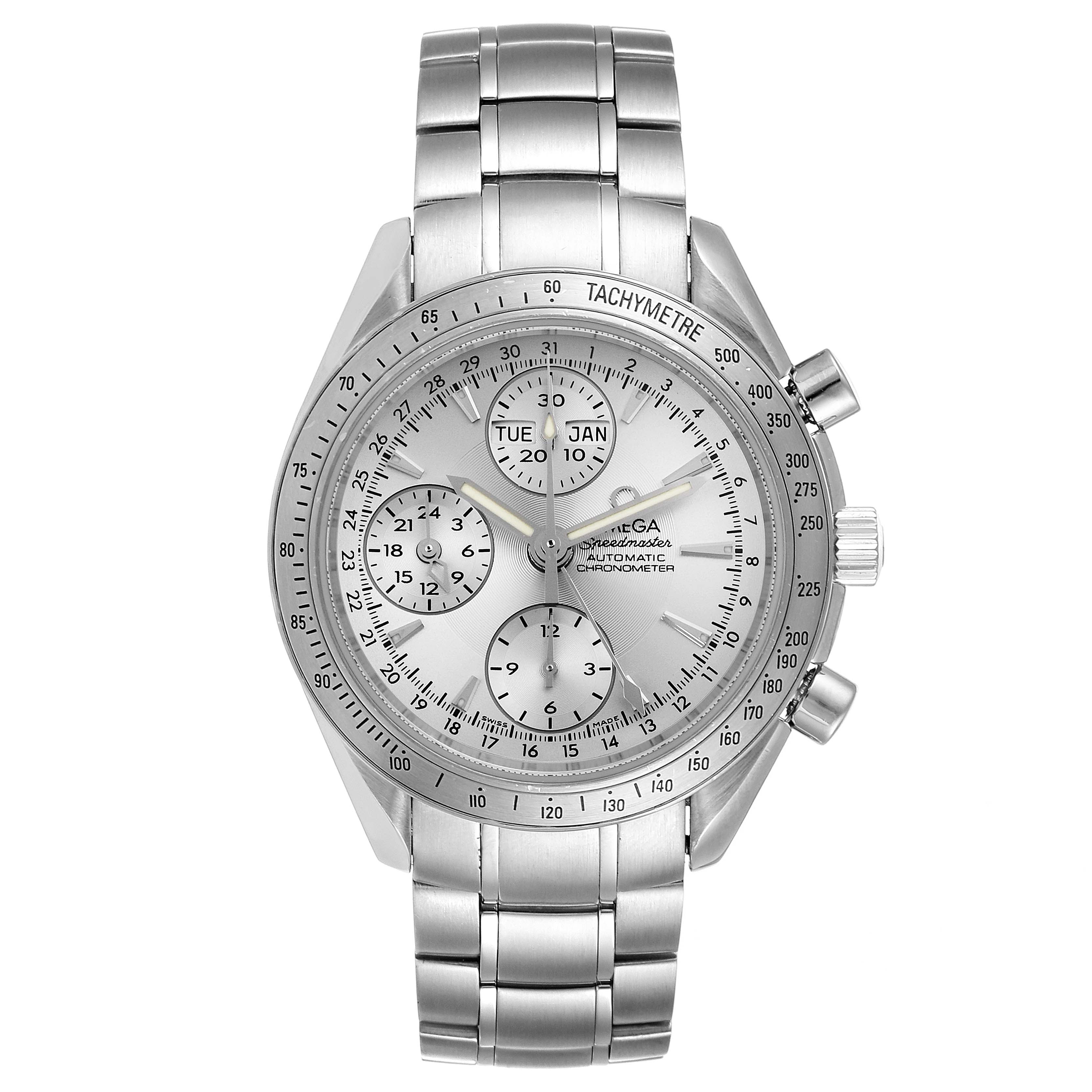 The image shows a front view of an Omega Speedmaster 3521.30.00 Men's Stainless Steel Silver Dial 3521.30.00 Men's Stainless Steel Silver Dial watch, highlighting its dial, subdials, and stainless steel bracelet.