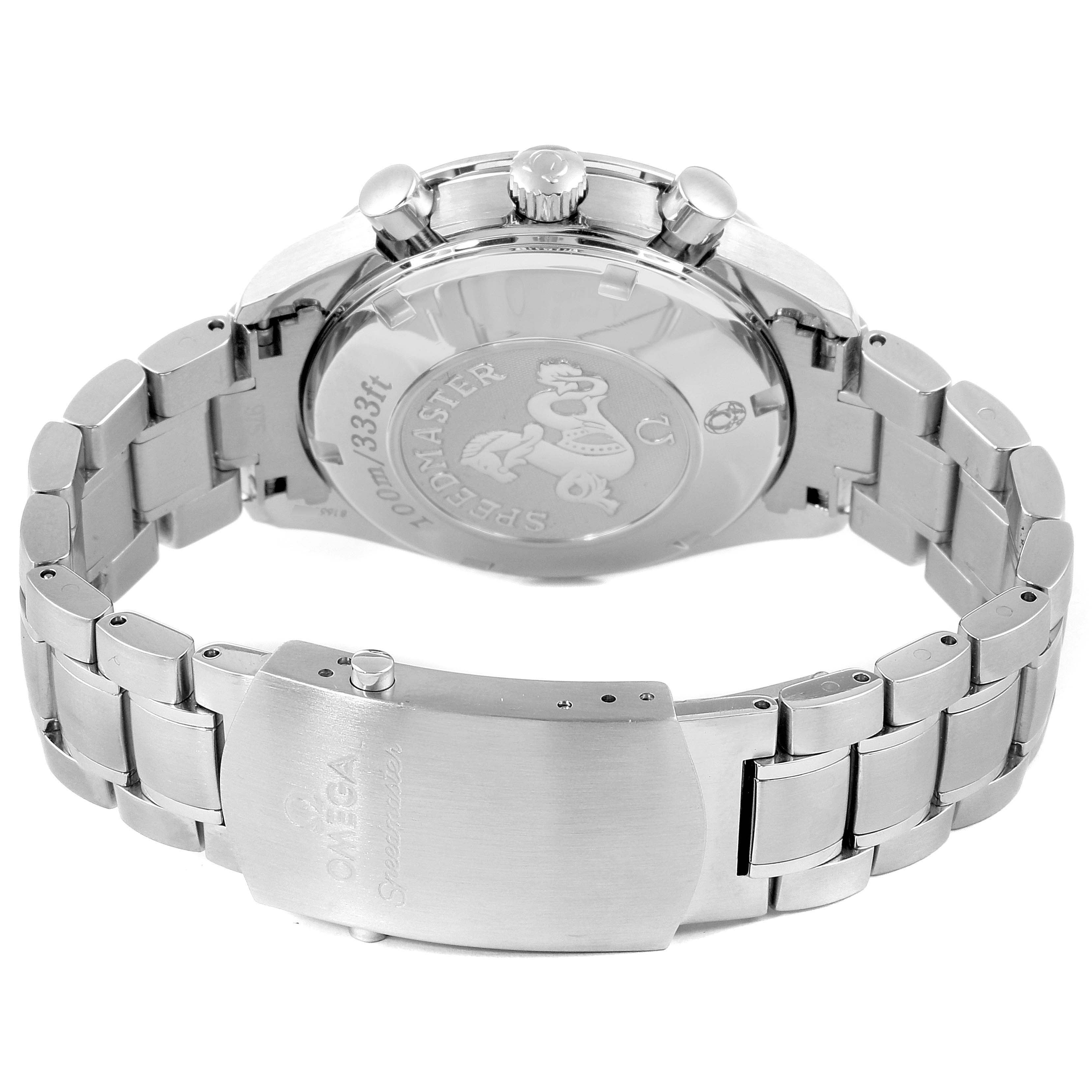 This image shows the backside and clasp of the Omega Speedmaster 3521.30.00 Men's Stainless Steel Silver Dial 3521.30.00 Men's Stainless Steel Silver Dial watch, highlighting the case back and metal bracelet.