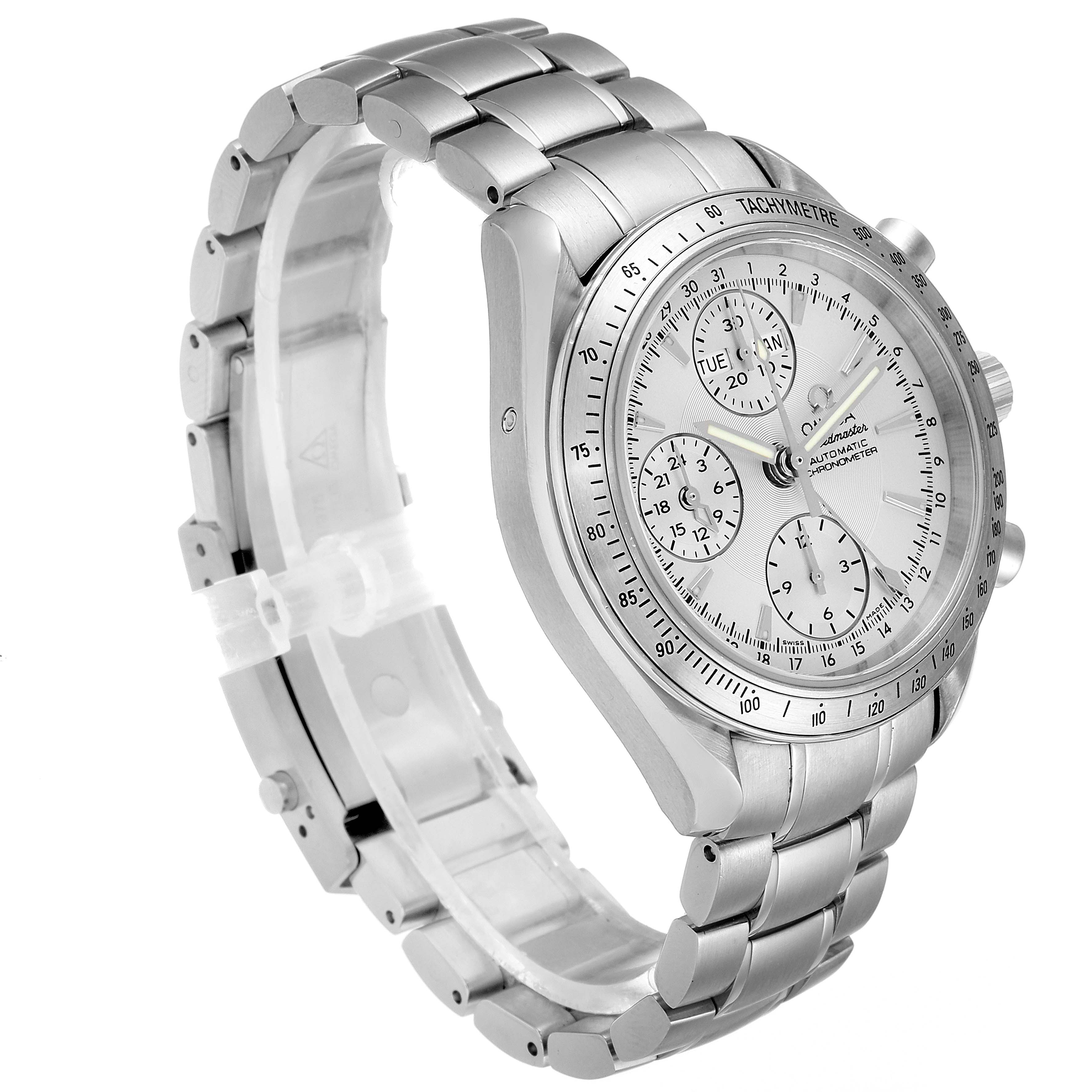 This image shows a 3/4 view of the Omega Speedmaster 3521.30.00 Men's Stainless Steel Silver Dial 3521.30.00 Men's Stainless Steel Silver Dial watch, highlighting the dial, bezel, and stainless steel bracelet.