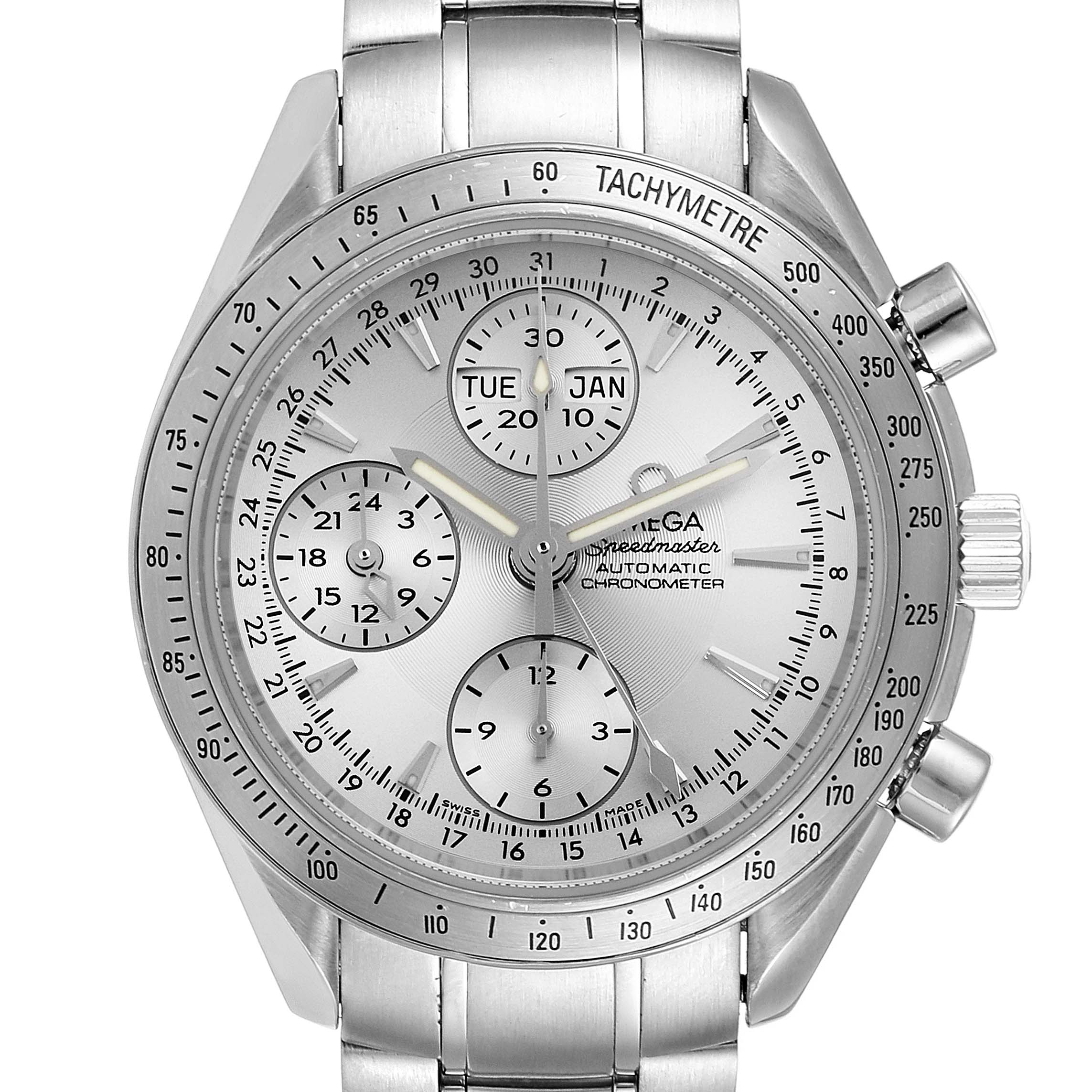 The Omega Speedmaster 3521.30.00 Men's Stainless Steel Silver Dial 3521.30.00 Men's Stainless Steel Silver Dial watch is shown from a front angle, displaying its dial, sub-dials, tachymetre bezel, and part of its bracelet.