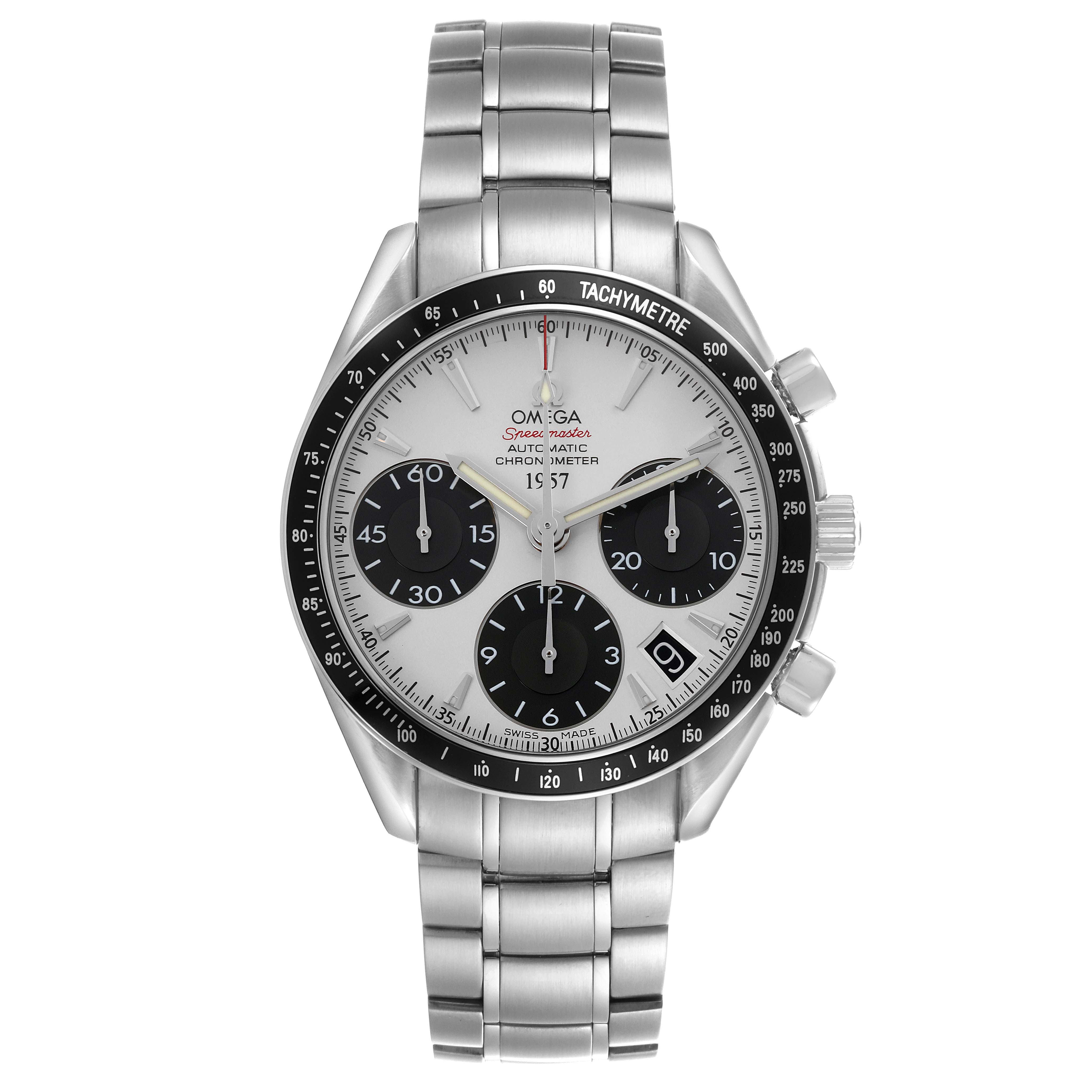 The Omega Speedmaster 323.30.40.40.02.001 Men
s Stainless Steel White Dial 323.30.40.40.02.001 Men
s Stainless Steel White Dial watch is shown from a front view, displaying its dial, bezel, and stainless steel bracelet.