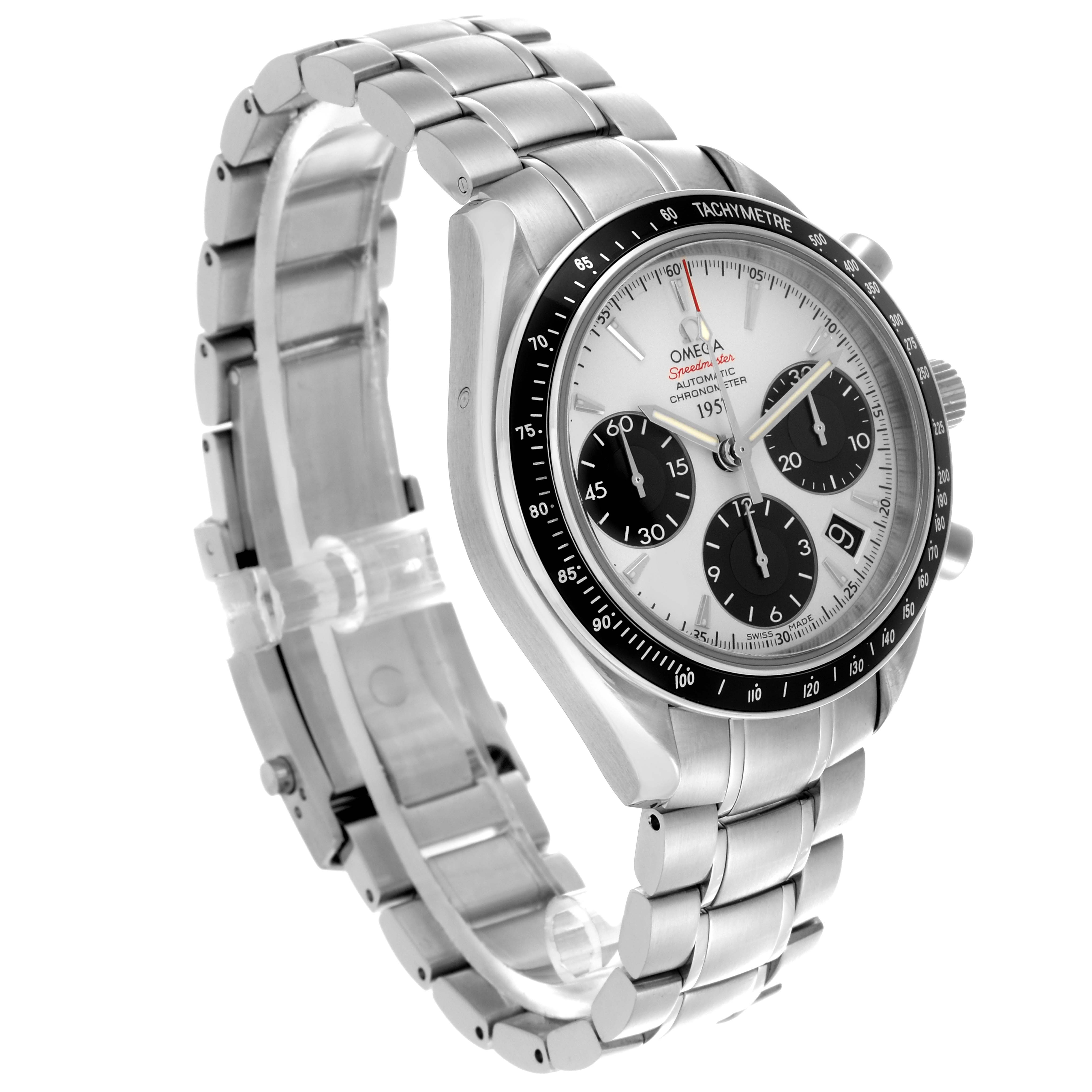 The Omega Speedmaster 323.30.40.40.02.001 Men
s Stainless Steel White Dial 323.30.40.40.02.001 Men
s Stainless Steel White Dial is shown at a three-quarter angle, highlighting the dial, bezel, case, and stainless steel bracelet.