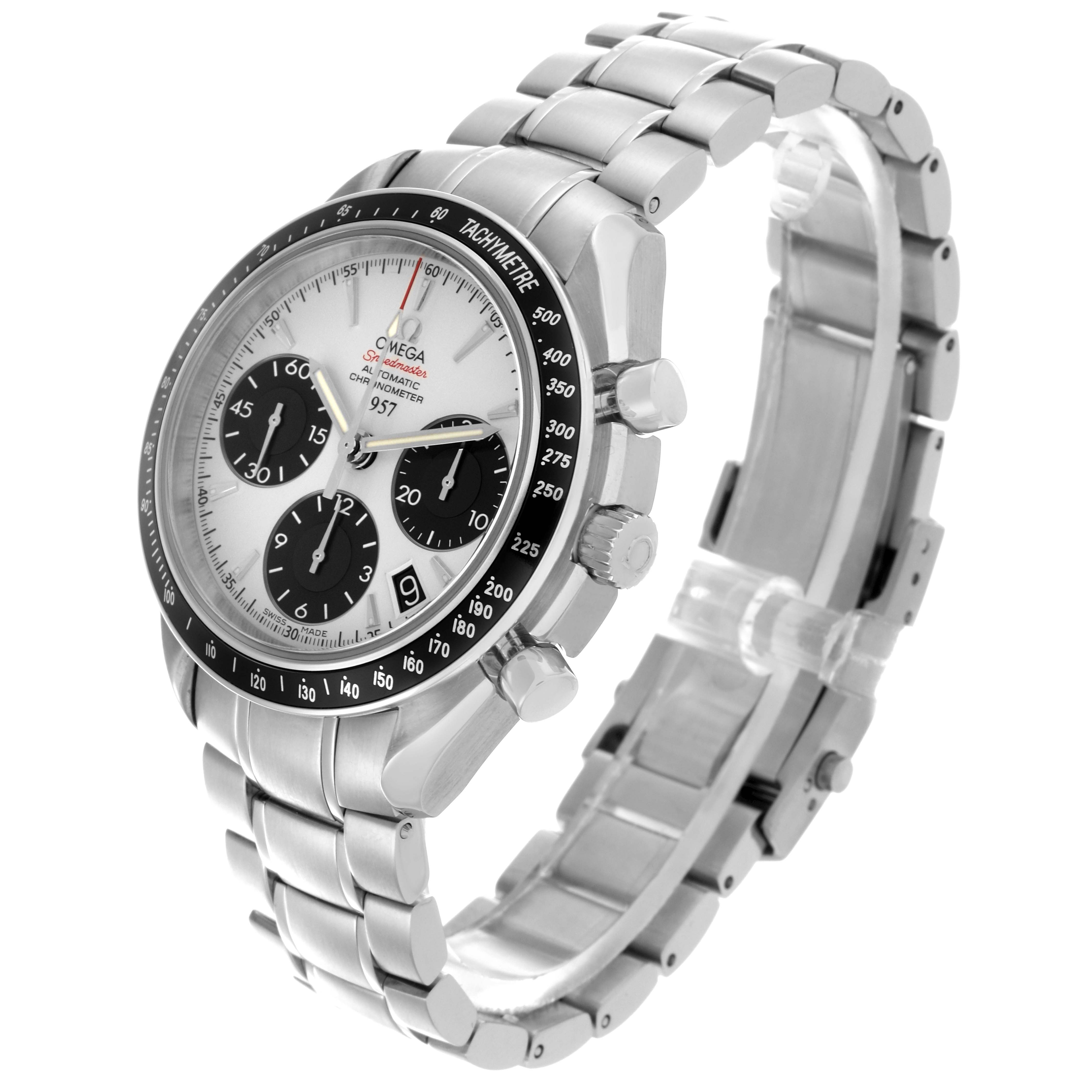 The Omega Speedmaster 323.30.40.40.02.001 Men
s Stainless Steel White Dial 323.30.40.40.02.001 Men
s Stainless Steel White Dial watch is shown from a three-quarter angle, highlighting the face, bezel, and bracelet.