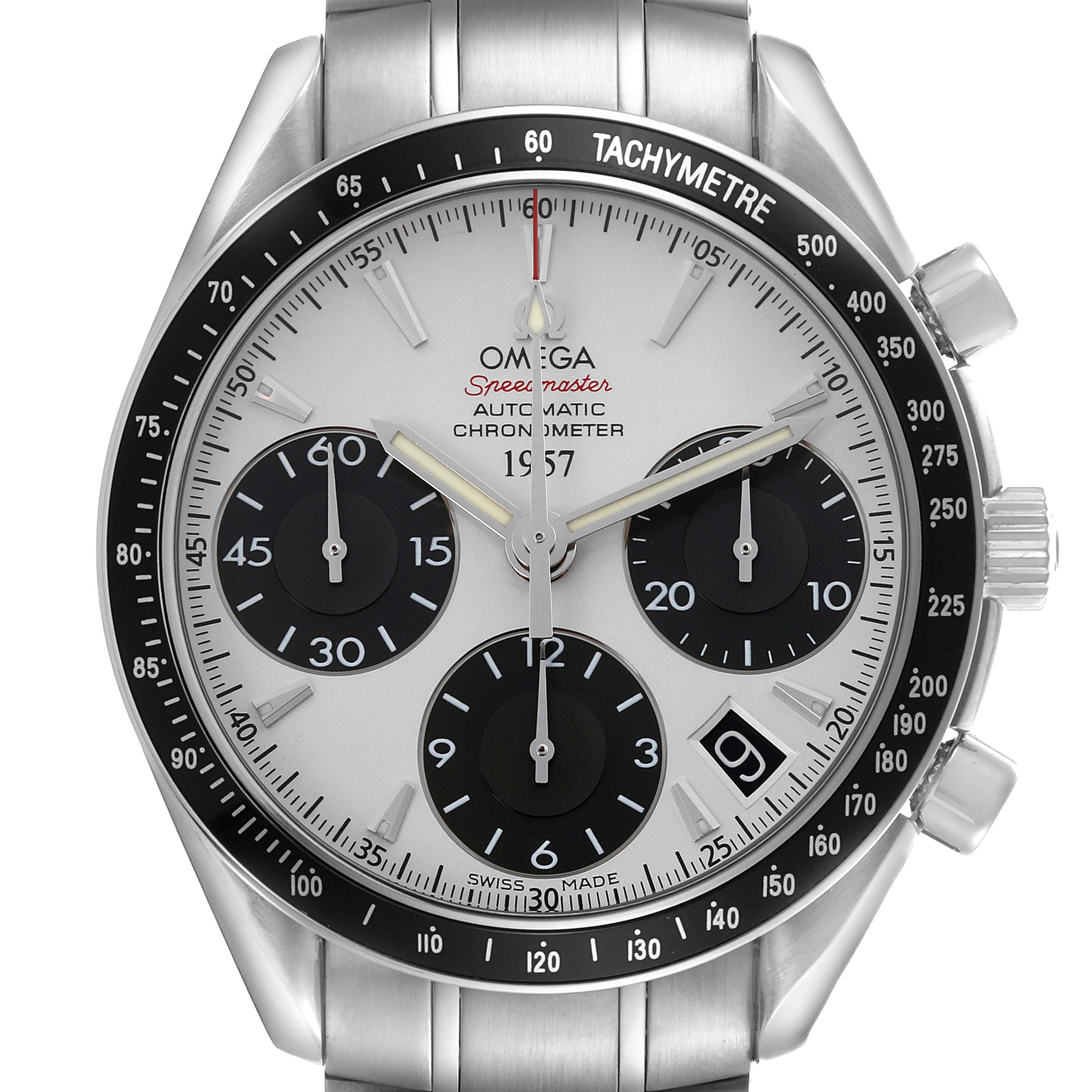 The Omega Speedmaster 323.30.40.40.02.001 Men
s Stainless Steel White Dial 323.30.40.40.02.001 Men
s Stainless Steel White Dial watch is shown from a front angle, displaying its dial, tachymeter bezel, and chronograph subdials.