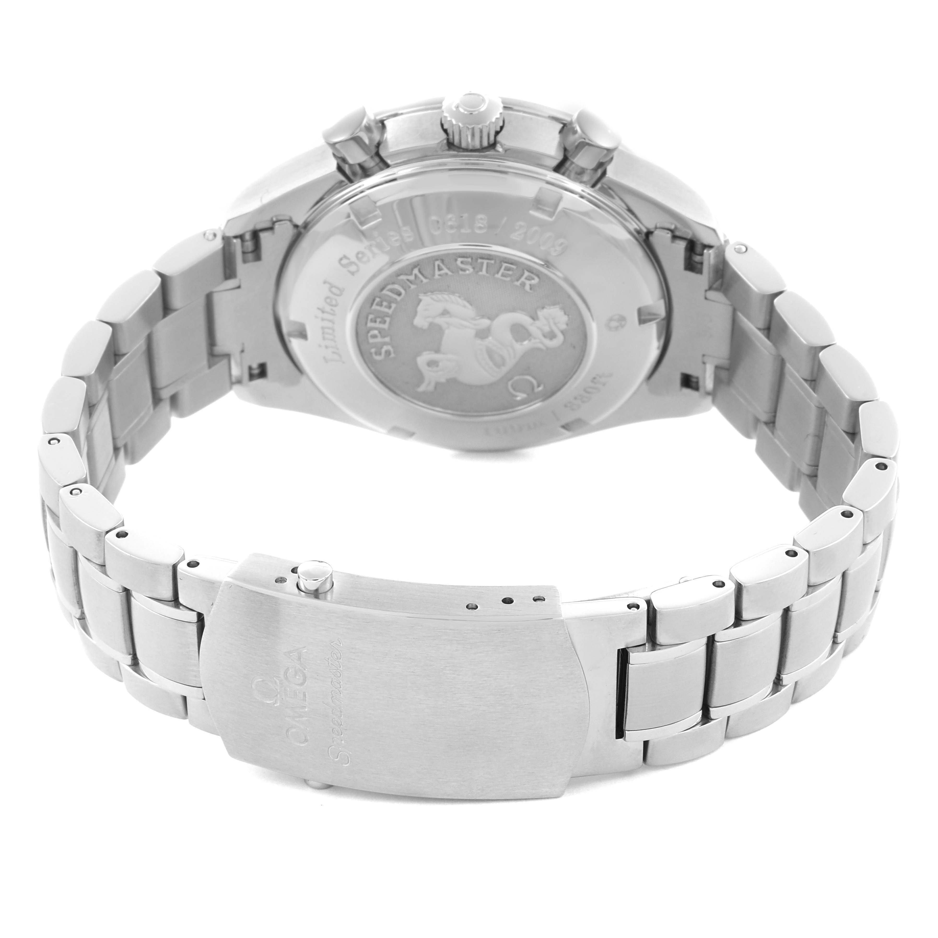 The Omega Speedmaster 323.30.40.40.02.001 Men
s Stainless Steel White Dial 323.30.40.40.02.001 Men
s Stainless Steel White Dial watch is shown from the back, highlighting the case back, bracelet, and clasp.