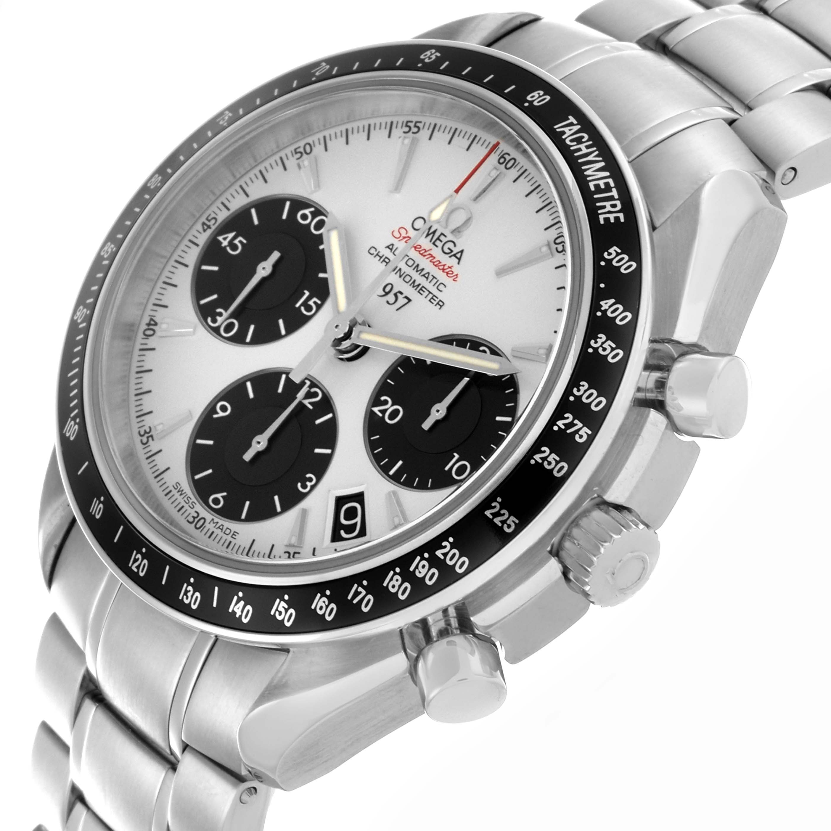 The Omega Speedmaster 323.30.40.40.02.001 Men
s Stainless Steel White Dial 323.30.40.40.02.001 Men
s Stainless Steel White Dial watch is shown at an angle highlighting the dial, bezel, chronograph subdials, and side pushers.