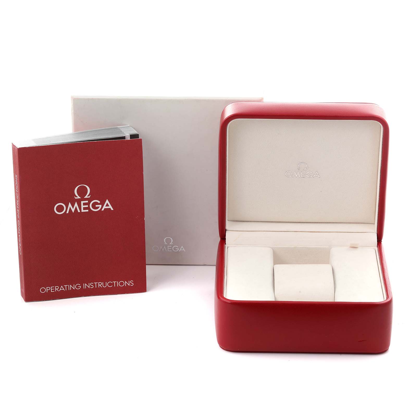 The image shows a red Omega Speedmaster 323.30.40.40.02.001 Men
s Stainless Steel White Dial 323.30.40.40.02.001 Men
s Stainless Steel White Dial watch box and operating instructions from a front angle.