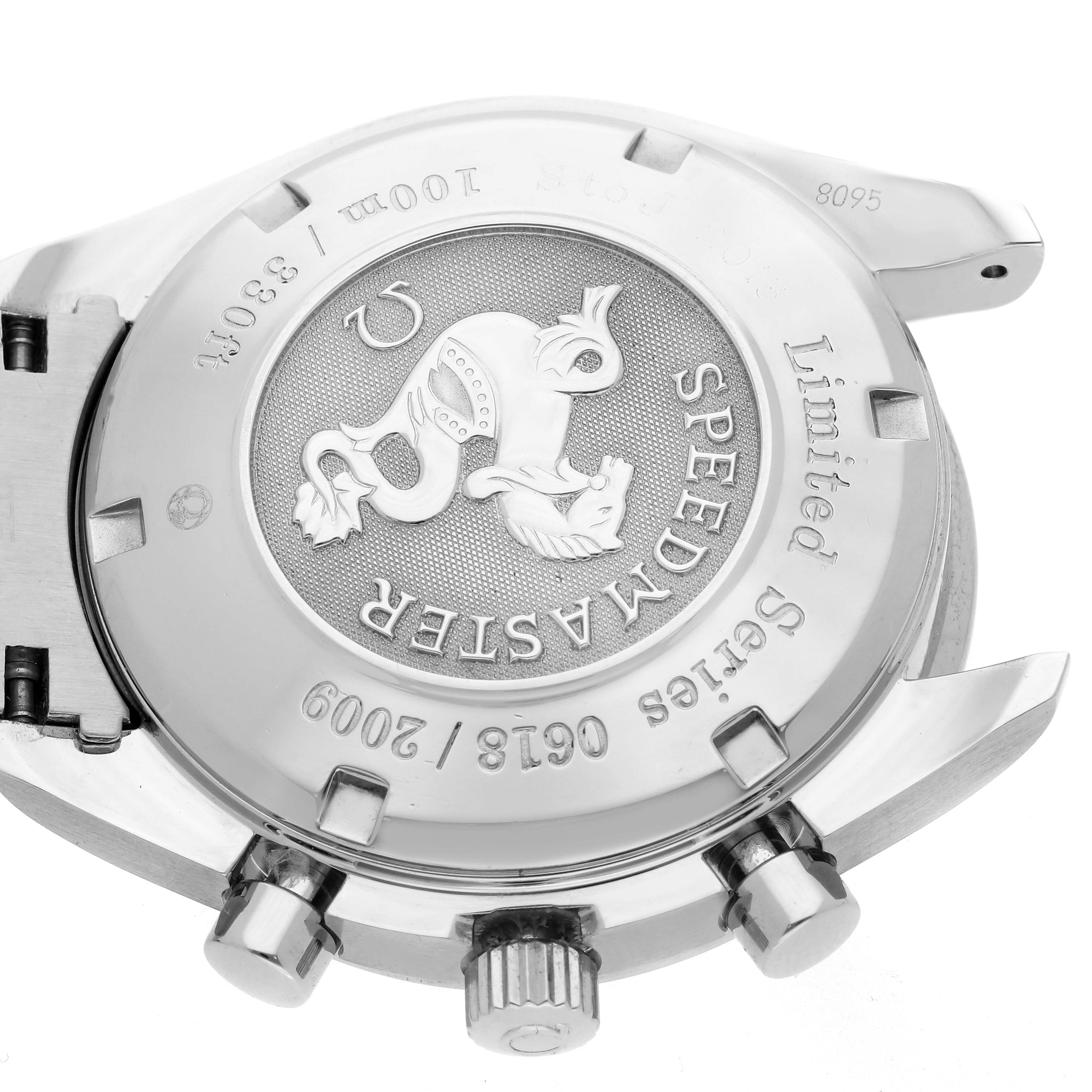 The Omega Speedmaster 323.30.40.40.02.001 Men
s Stainless Steel White Dial 323.30.40.40.02.001 Men
s Stainless Steel White Dial watch is shown from the back, highlighting the case back engravings and serial information.