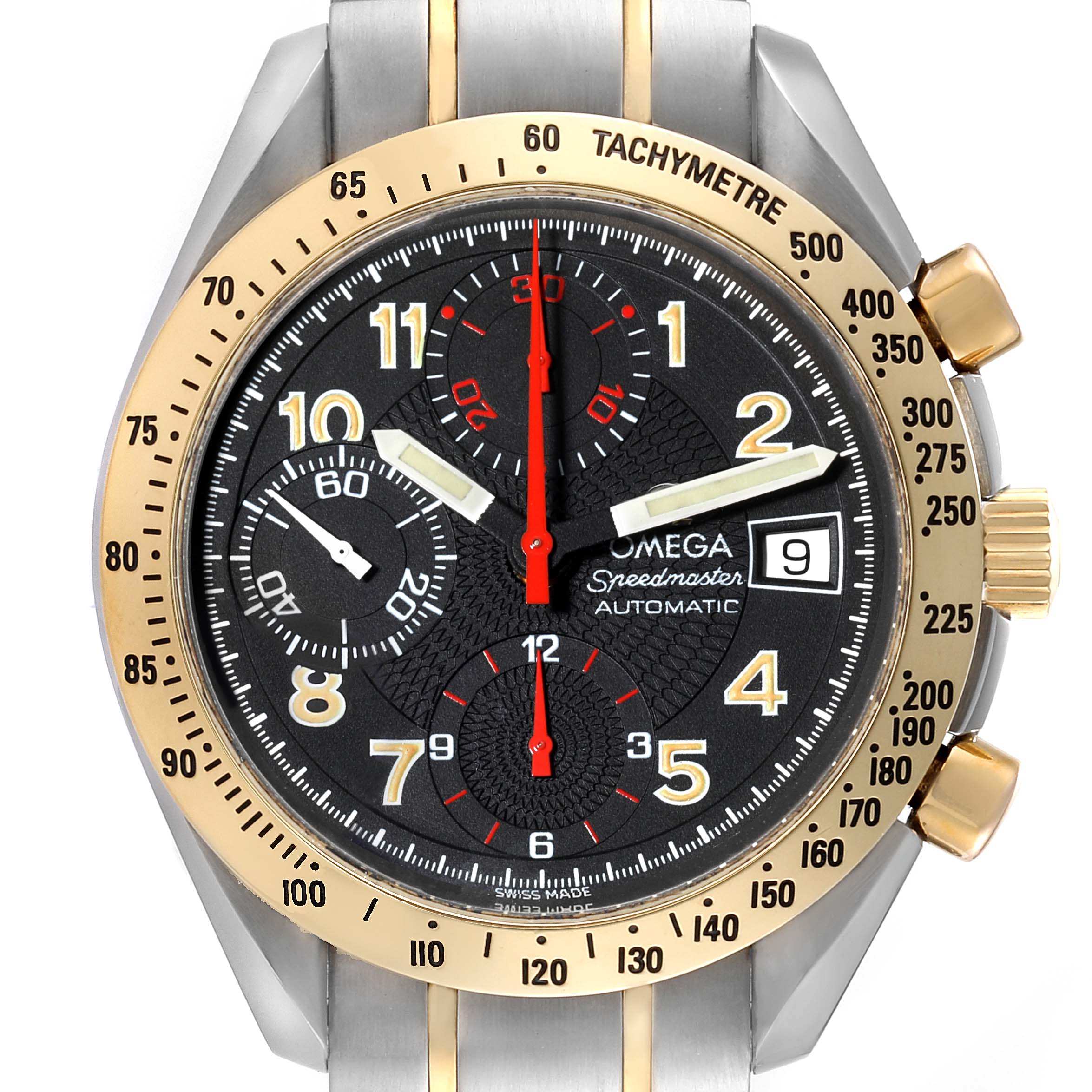 A close-up front view of an Omega Speedmaster 3313.53.00 Men's Steel and Gold (two tone) Black Dial 3313.53.00 Men's Steel and Gold (two tone) Black Dial watch, showing the dial, tachymeter, subdials, and date window.