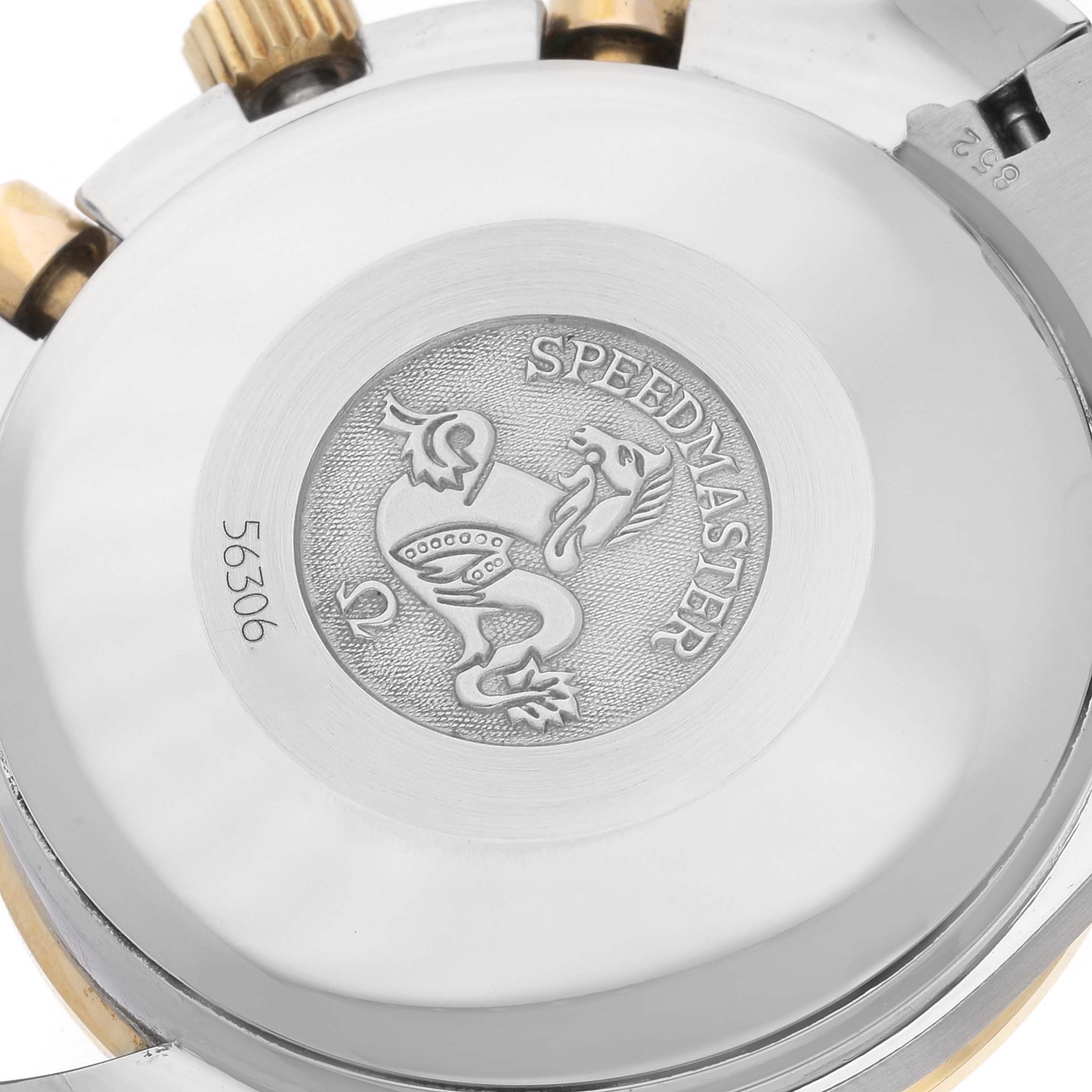 The image shows the back of an Omega Speedmaster 3313.53.00 Men's Steel and Gold (two tone) Black Dial 3313.53.00 Men's Steel and Gold (two tone) Black Dial watch, highlighting the engraved logo and model details.