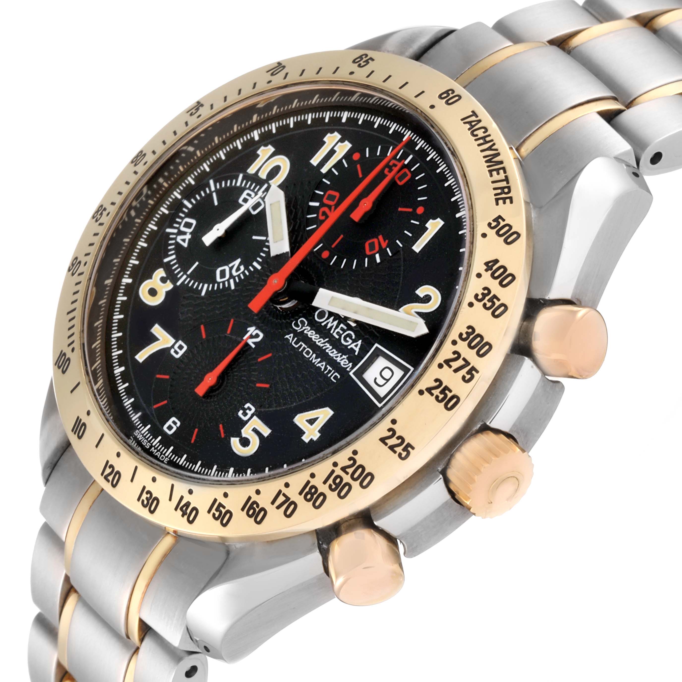 The image shows a close-up angle of the Omega Speedmaster 3313.53.00 Men's Steel and Gold (two tone) Black Dial 3313.53.00 Men's Steel and Gold (two tone) Black Dial, highlighting the dial, tachymeter bezel, crown, and part of the bracelet.