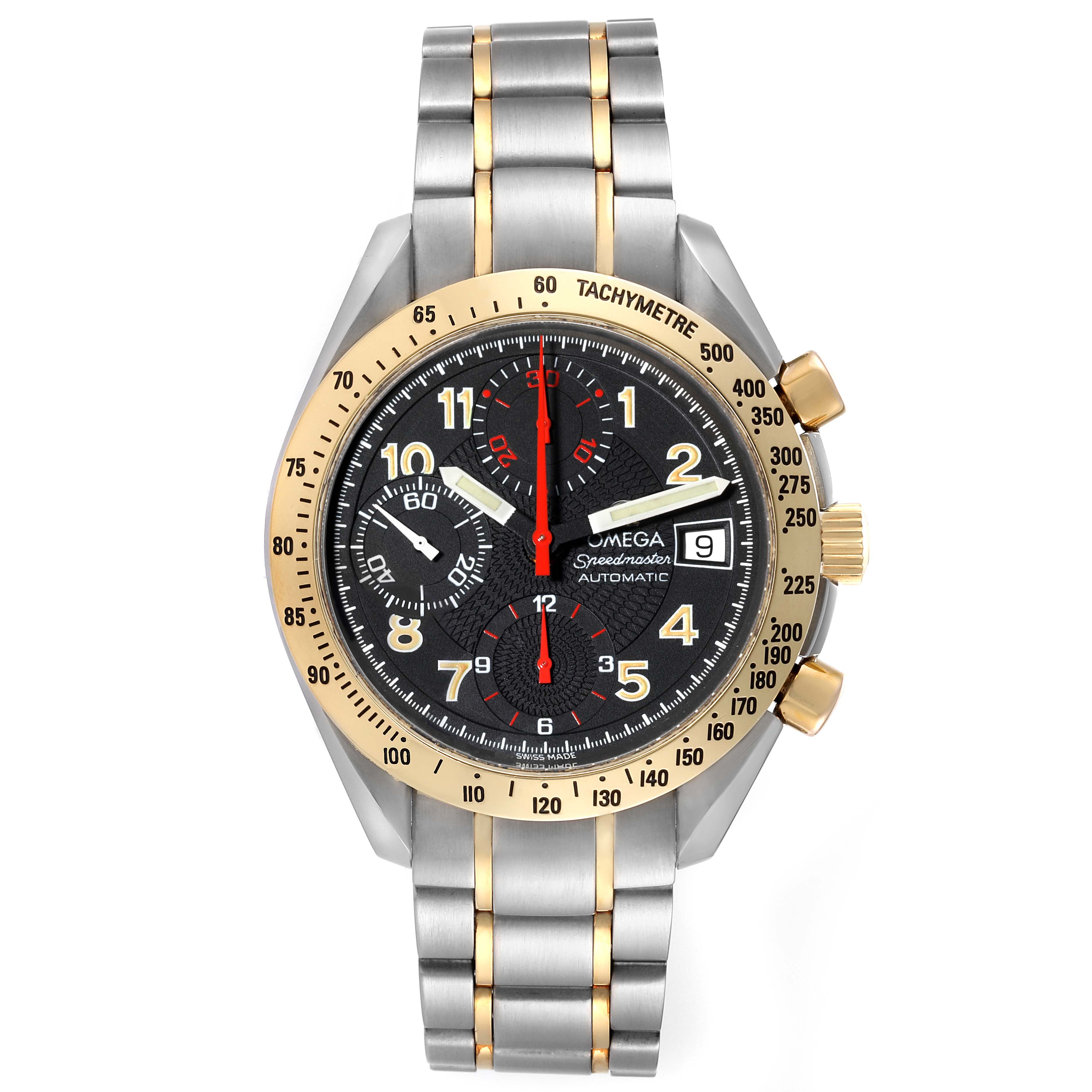 The Omega Speedmaster 3313.53.00 Men's Steel and Gold (two tone) Black Dial 3313.53.00 Men's Steel and Gold (two tone) Black Dial watch is shown from a front angle, displaying its face, dials, bezel, and metal bracelet.