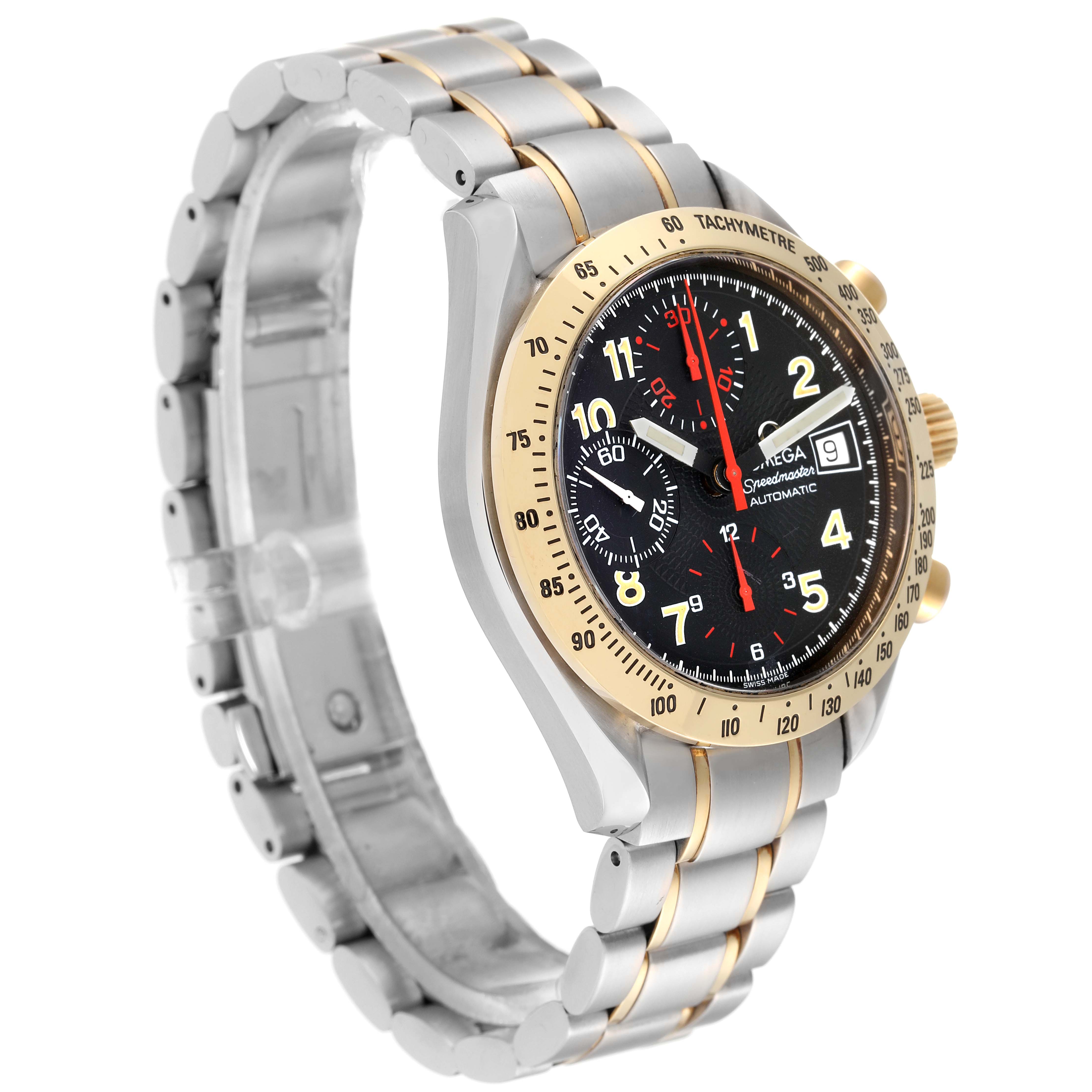 The Omega Speedmaster 3313.53.00 Men's Steel and Gold (two tone) Black Dial 3313.53.00 Men's Steel and Gold (two tone) Black Dial watch is shown at a three-quarter angle, displaying its dial, bezel, and metal bracelet.