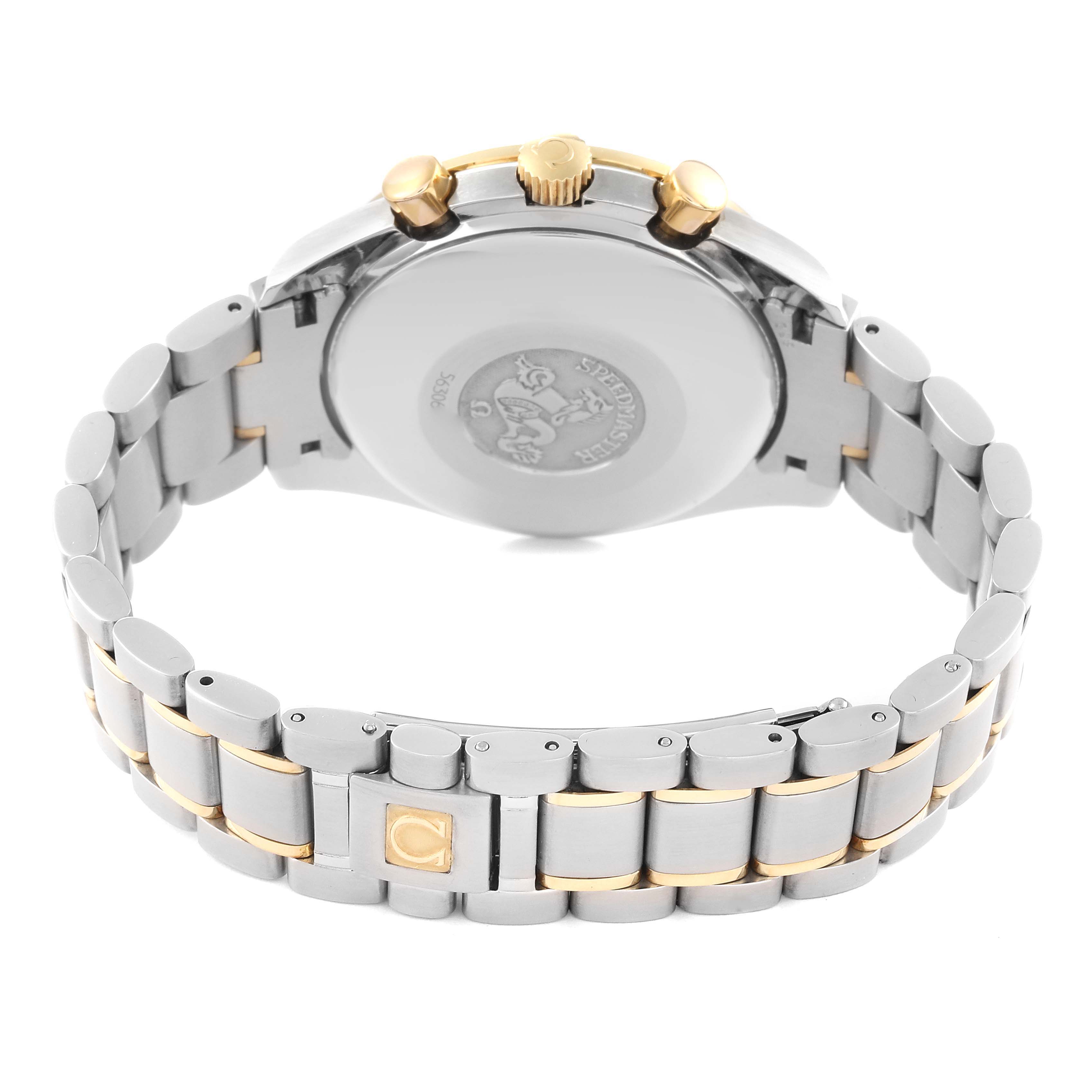 The image shows the back and bracelet of an Omega Speedmaster 3313.53.00 Men's Steel and Gold (two tone) Black Dial 3313.53.00 Men's Steel and Gold (two tone) Black Dial watch, highlighting the clasp and case back.